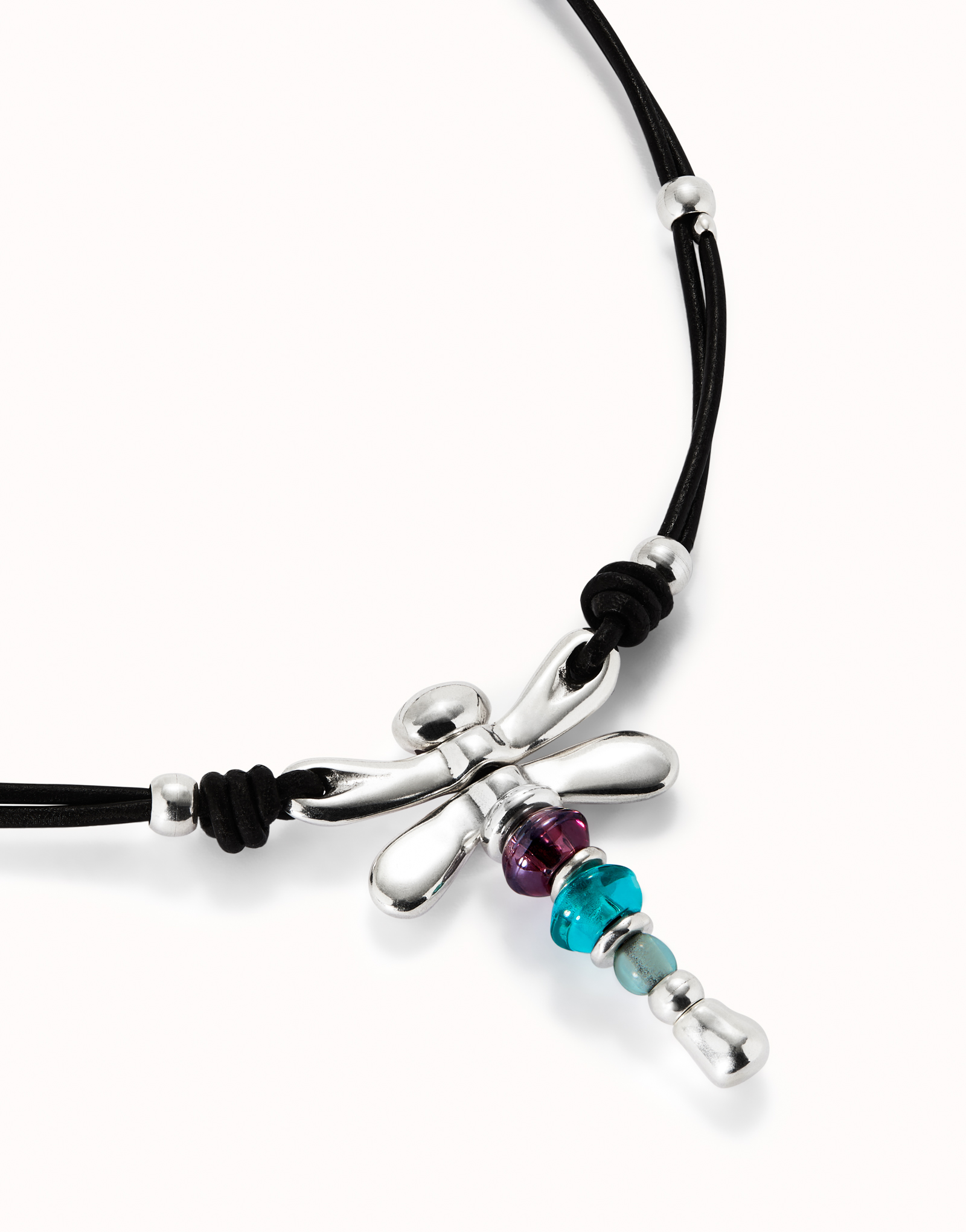 Collana di cuoio e libellula placcata argento sterling con cristalli, Argent, large thumbnail