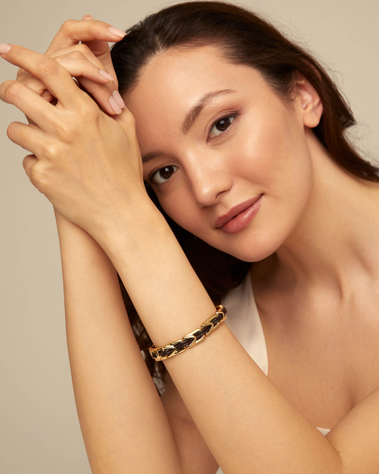 Leather bracelet with rectangular links, Golden, large thumbnail