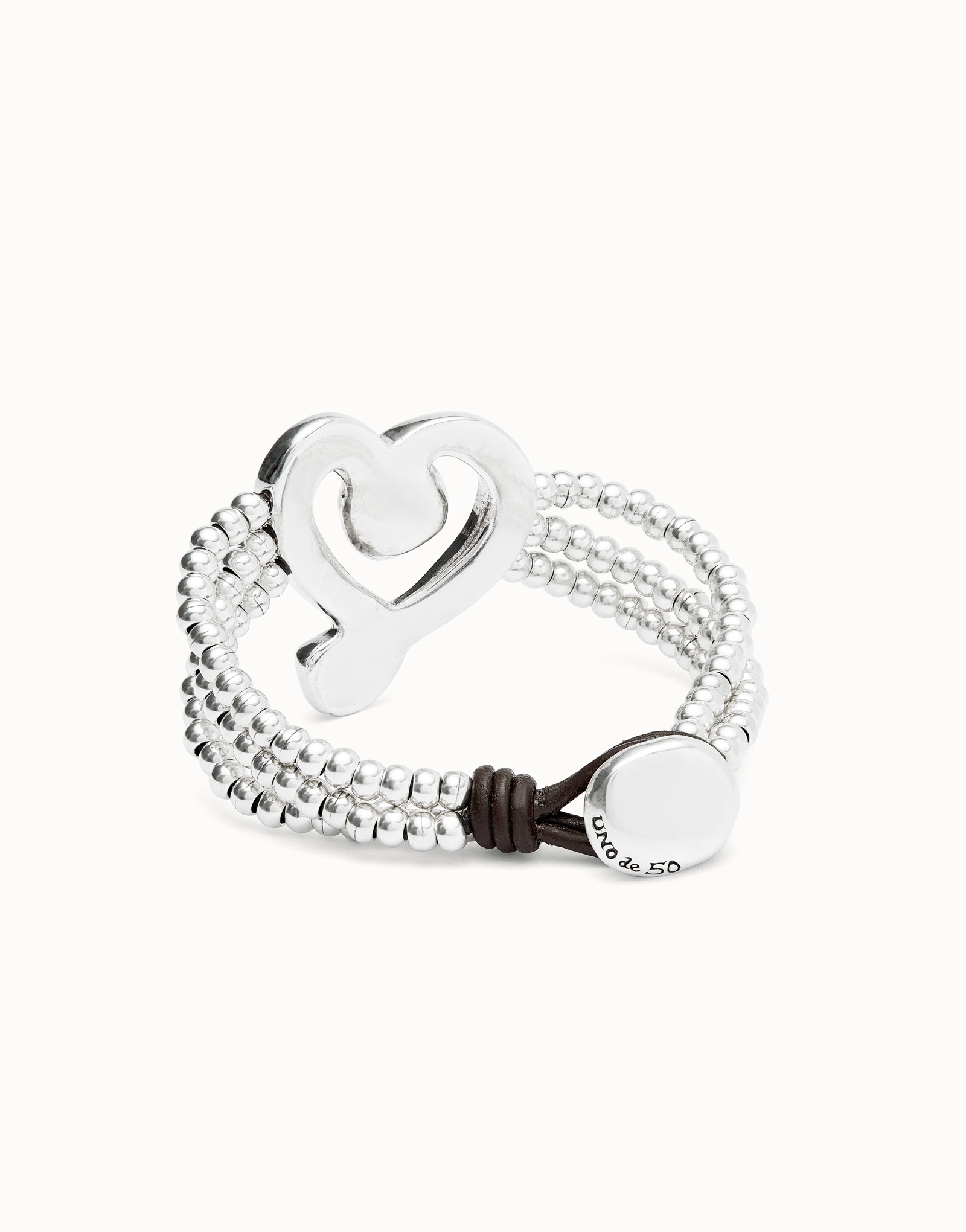 Multi strand leather beaded bracelet with a heart, Silver, large thumbnail