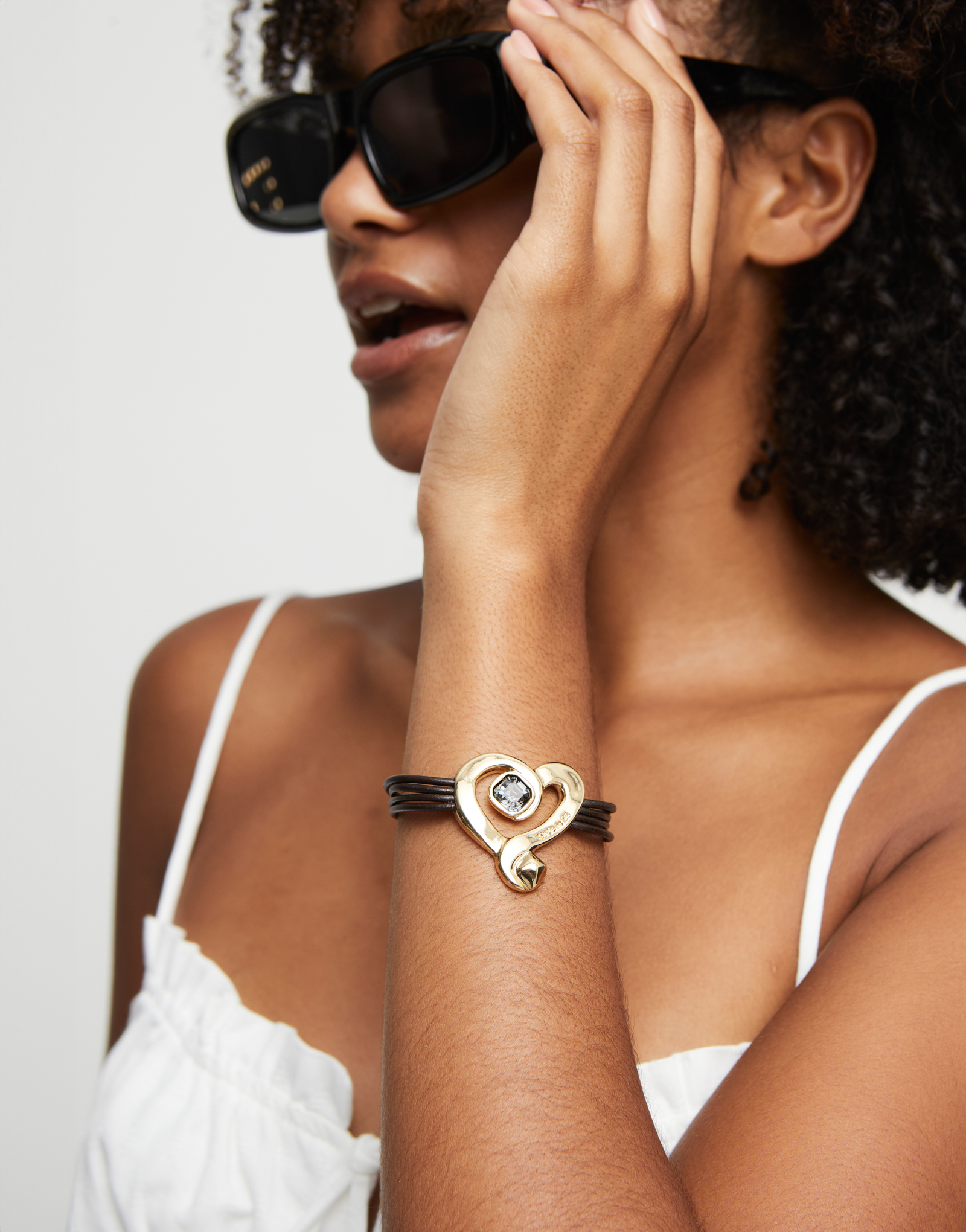 Multi strand leather bracelet with a heart, Golden, large thumbnail