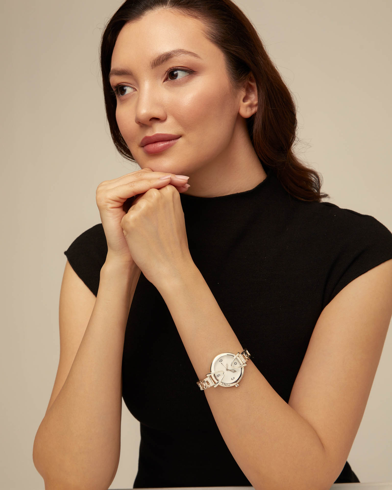 Sterling silver-plated watch with metal strap and round white dial, Silver, large thumbnail