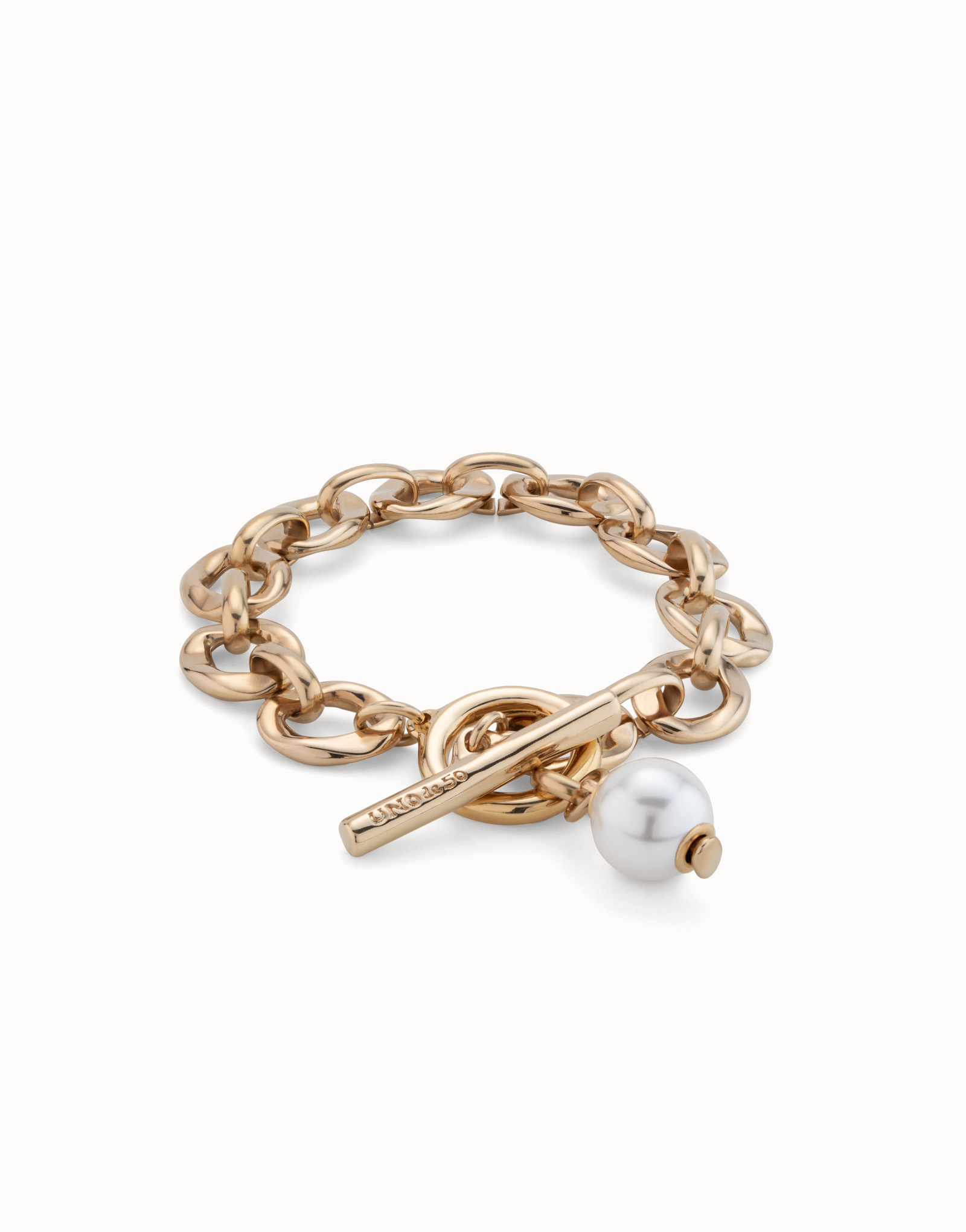 Large link chain bracelet with a pearl, Golden, large thumbnail
