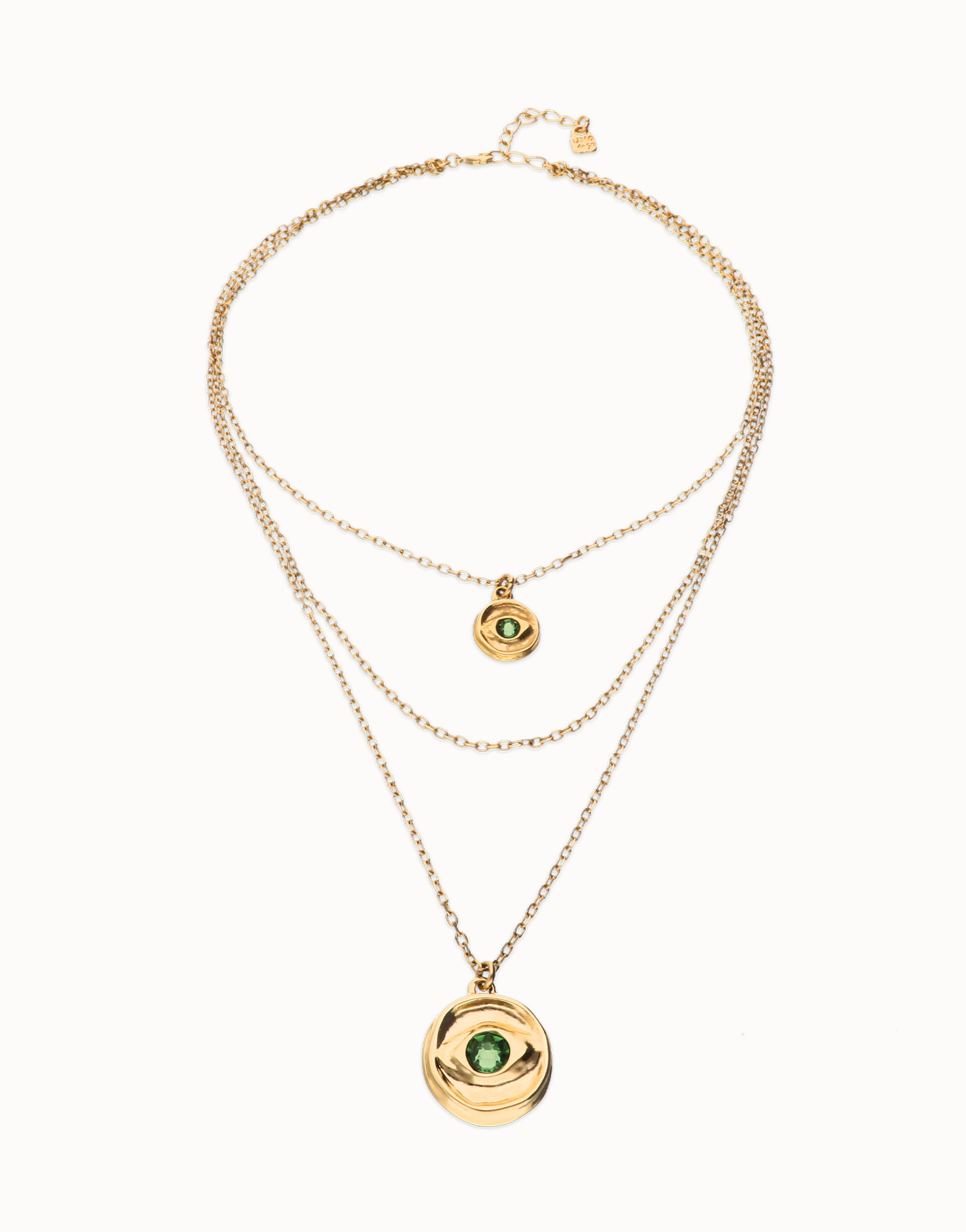 Collar triple bañado en oro 18k con charms de ojo y cristal facetado verde, Dorado, large thumbnail