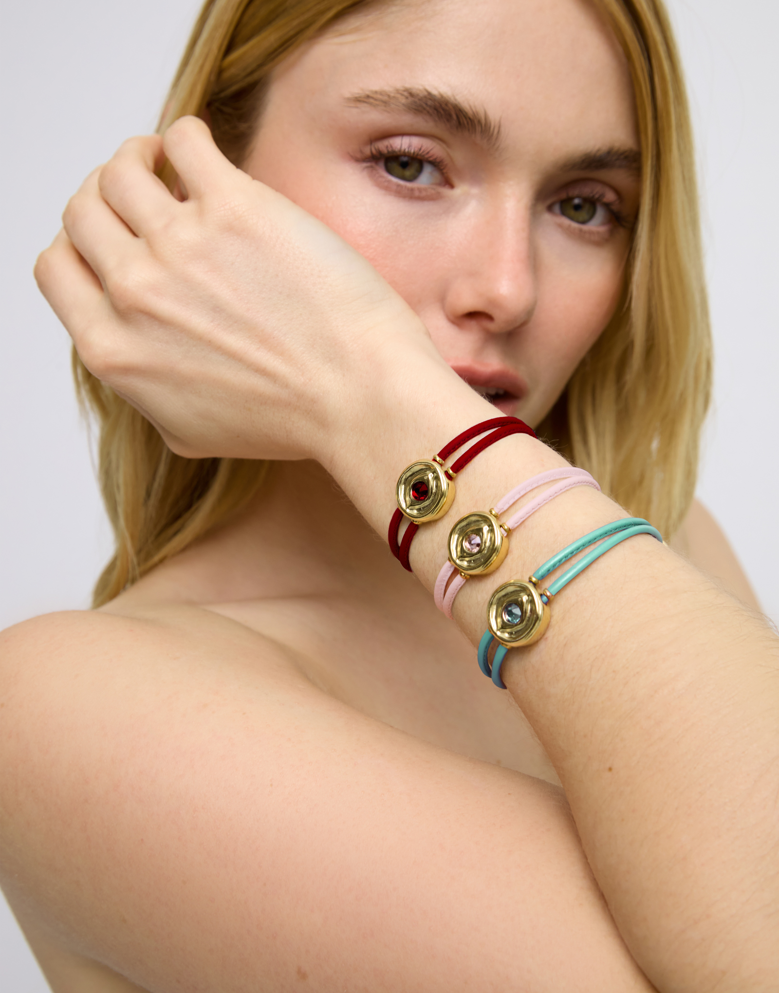 Double red leather birthstone bracelet with eye, Golden, large thumbnail