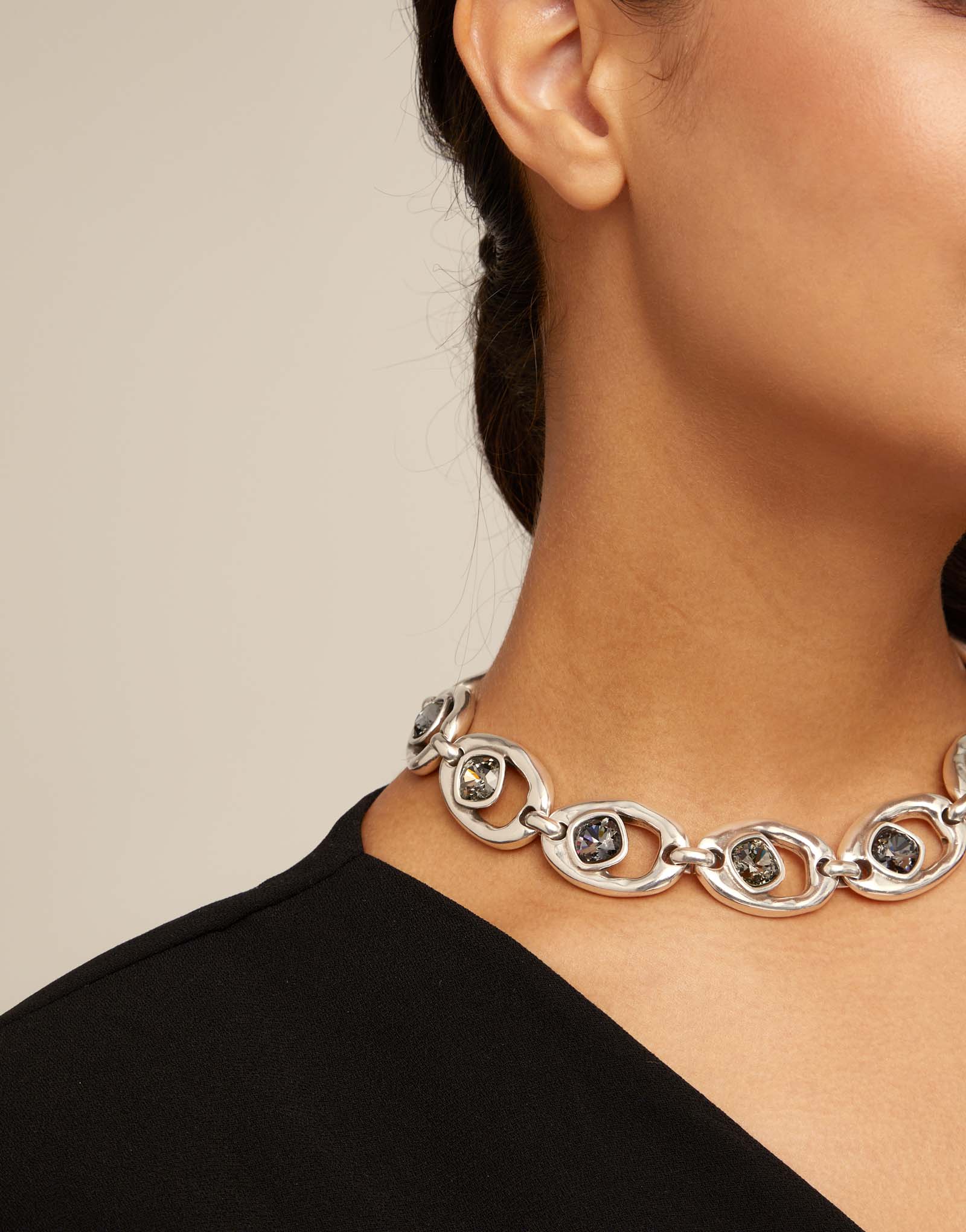 Short oval link chain necklace with crystal, Silver, large thumbnail