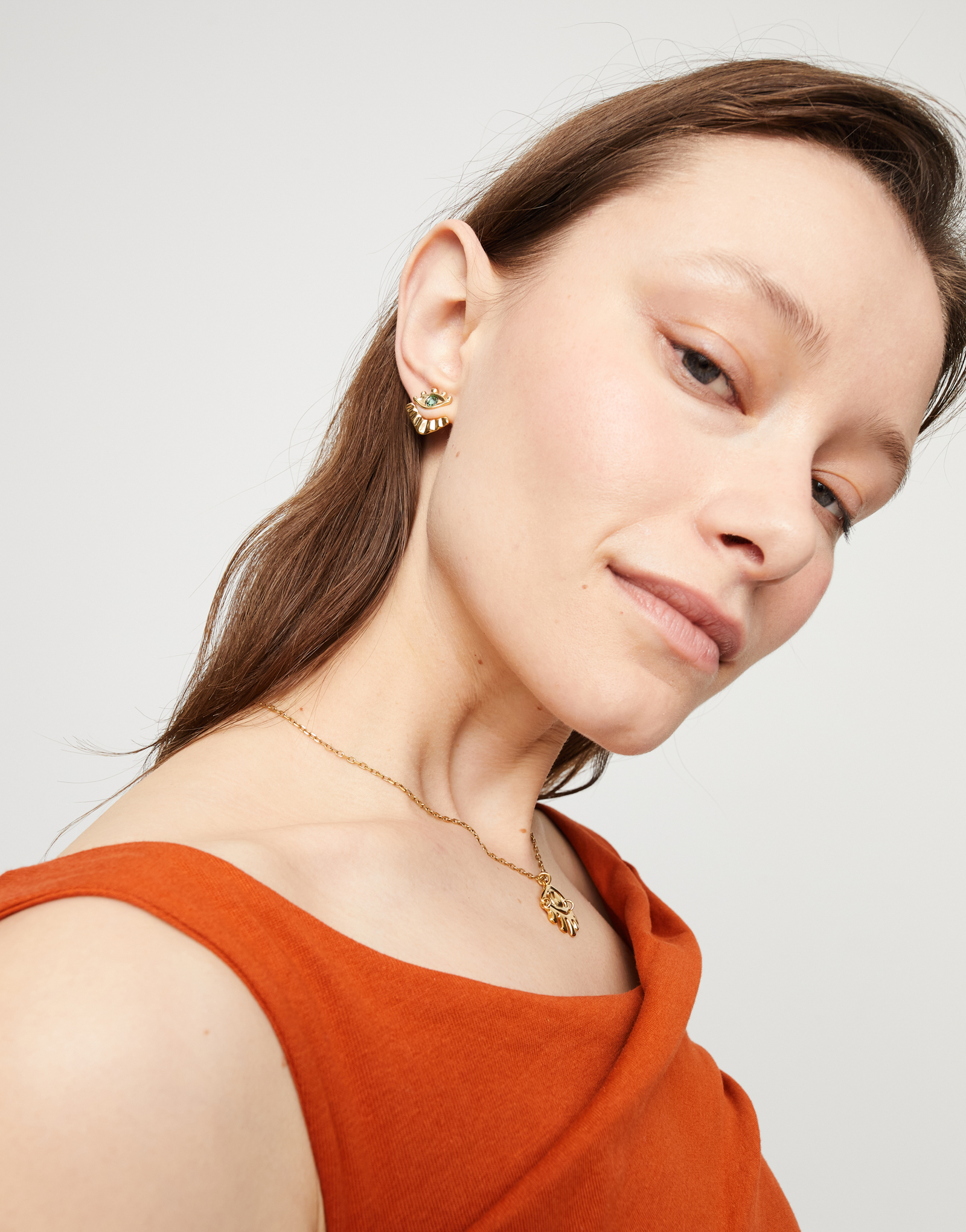 Eye-shaped stud earrings with verde crystal, Golden, large thumbnail