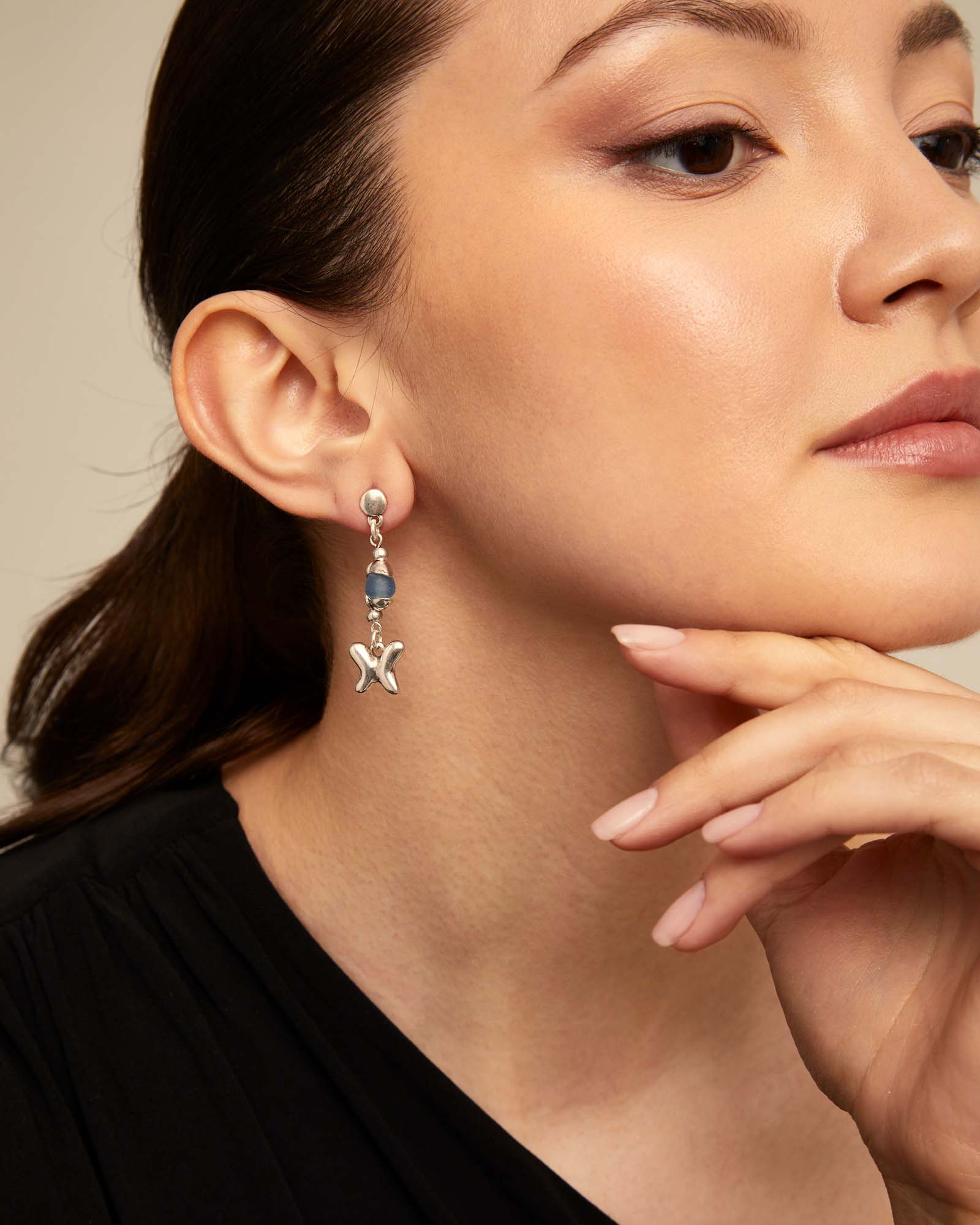 Earrings with blue crystal and butterfly, Silver, large thumbnail