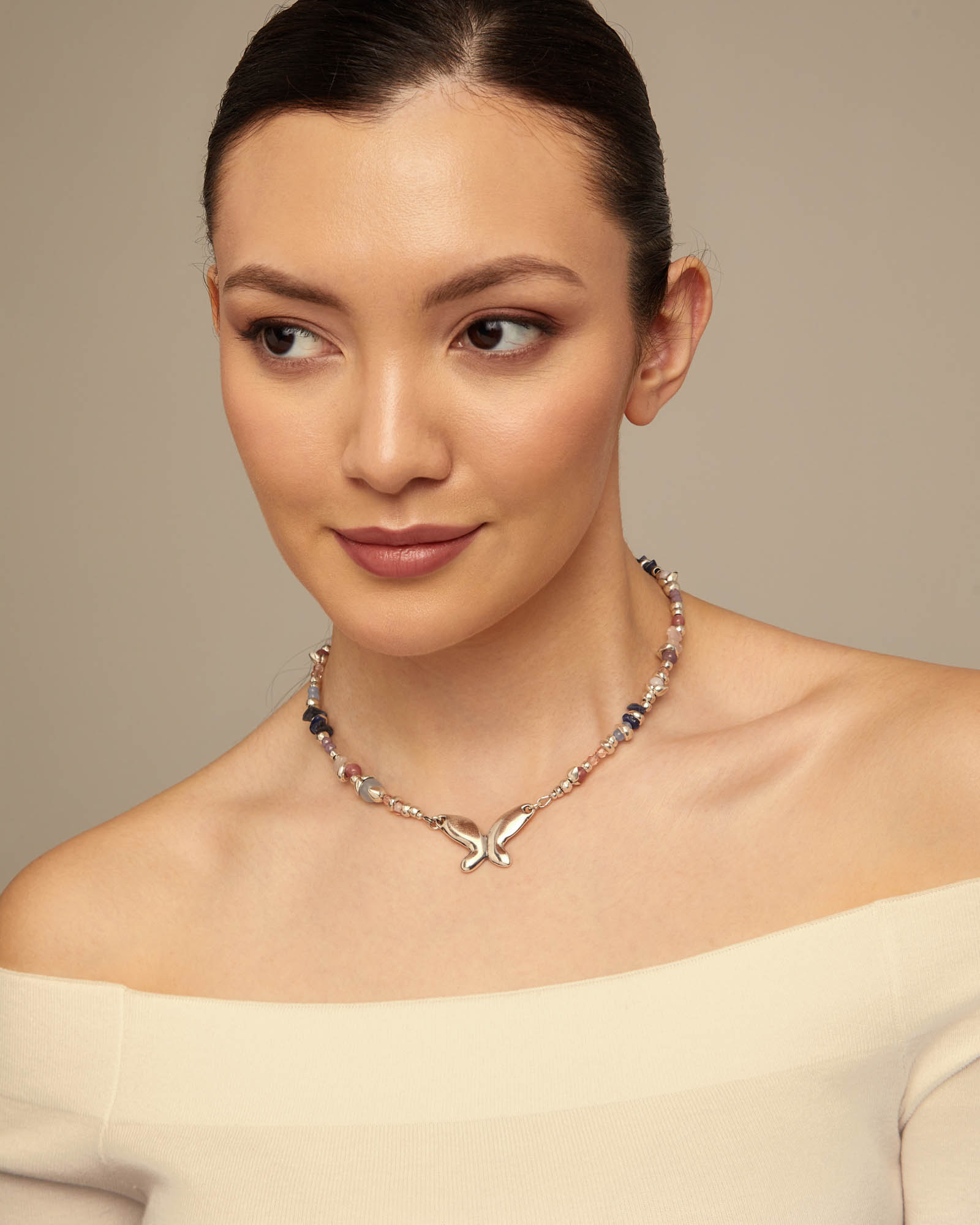 Short beaded necklace with butterfly, Silver, large thumbnail