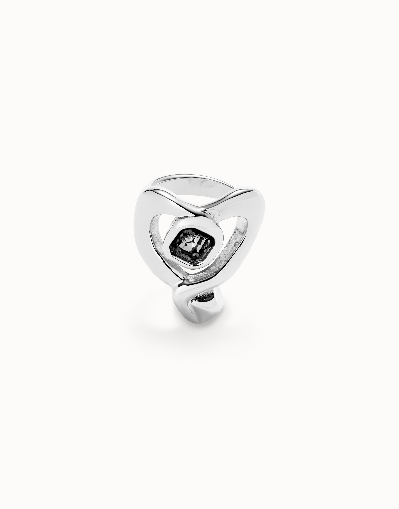 Ring with heart and central black crystal, Silver, large thumbnail