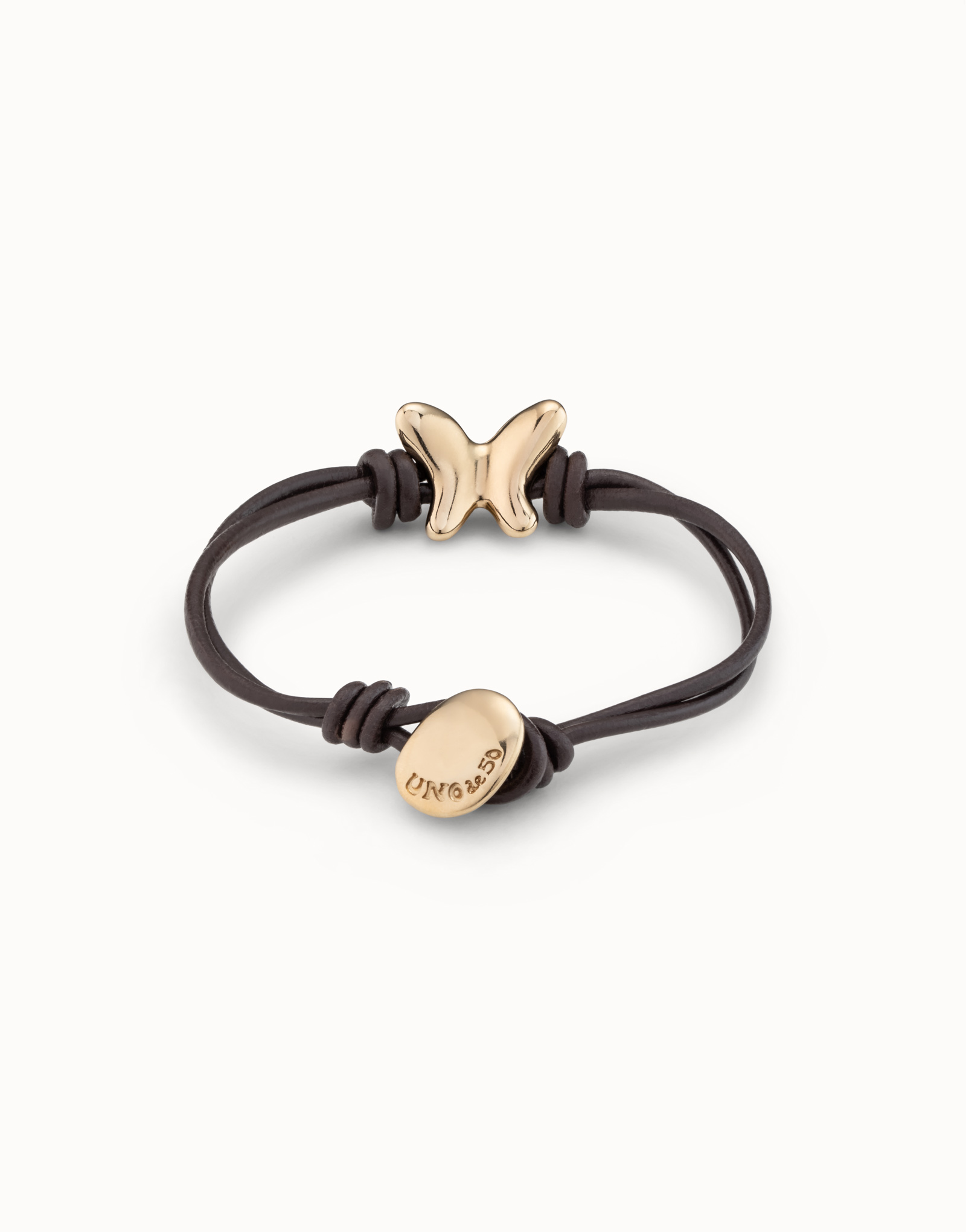 Double strand leather bracelet with a butterfly, Golden, large thumbnail