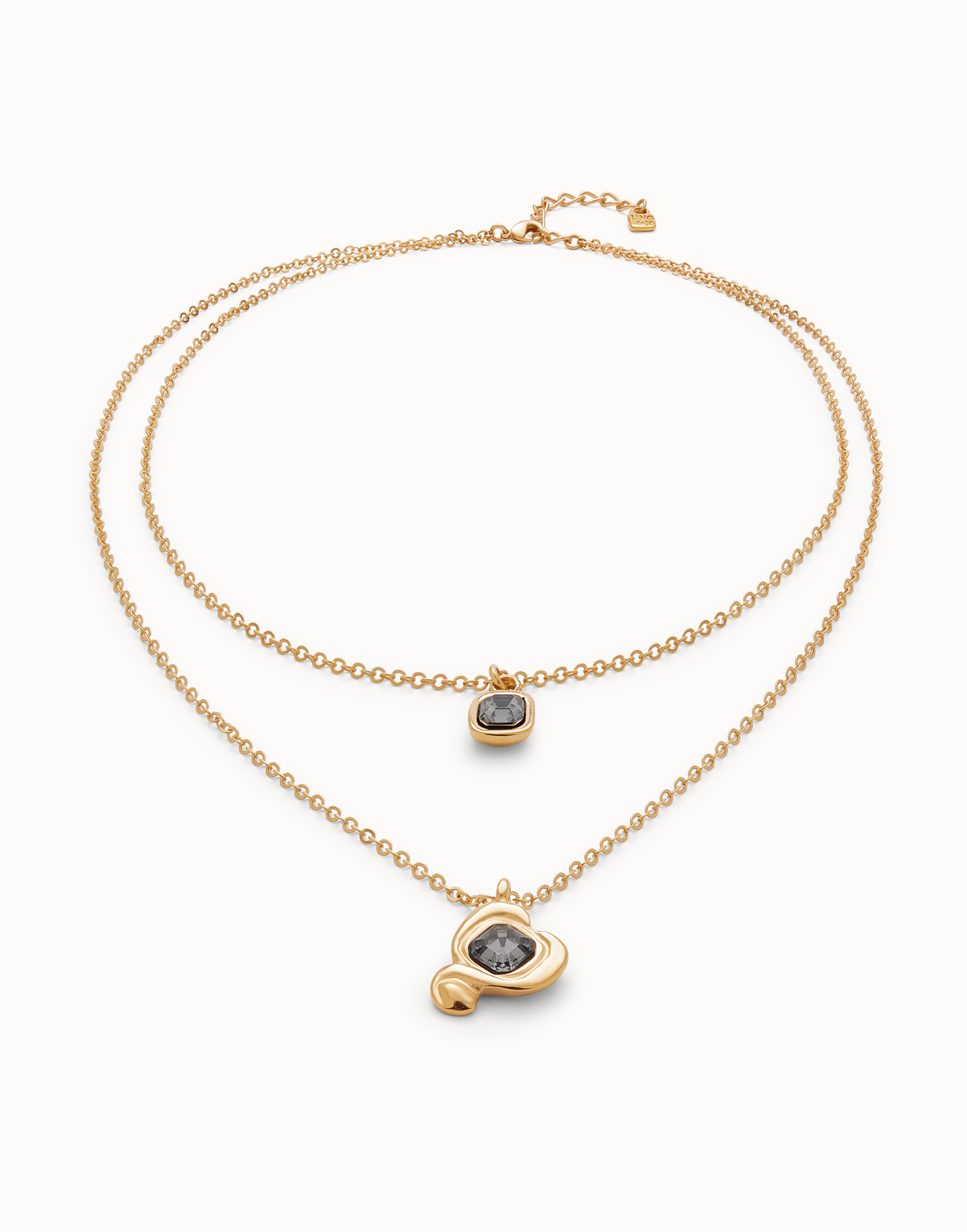 Colgante bañado en oro 18k con doble cadena  y corazones con cristal negro, Dorado, large thumbnail