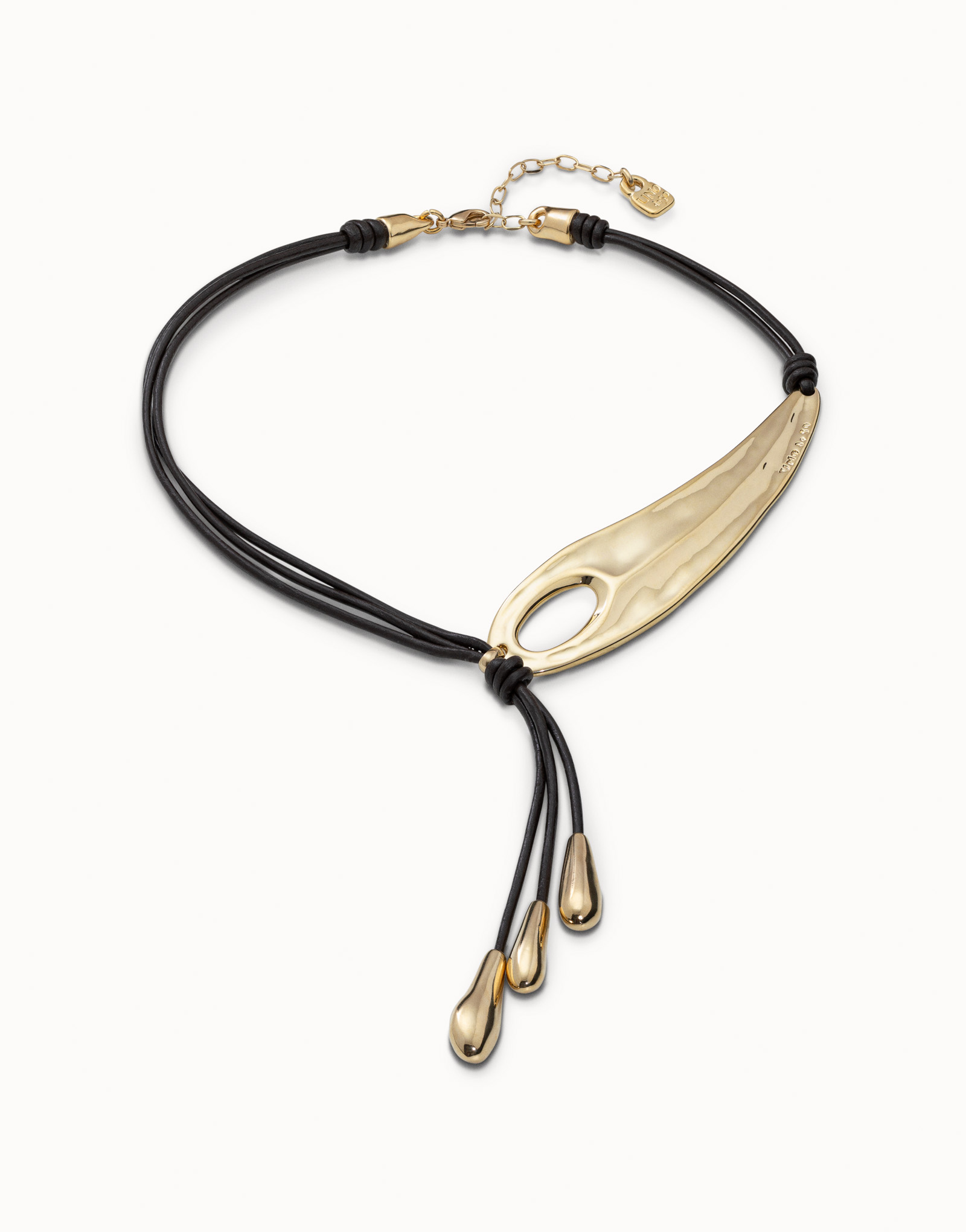 Leather necklace with fringes with drops, Golden, large thumbnail