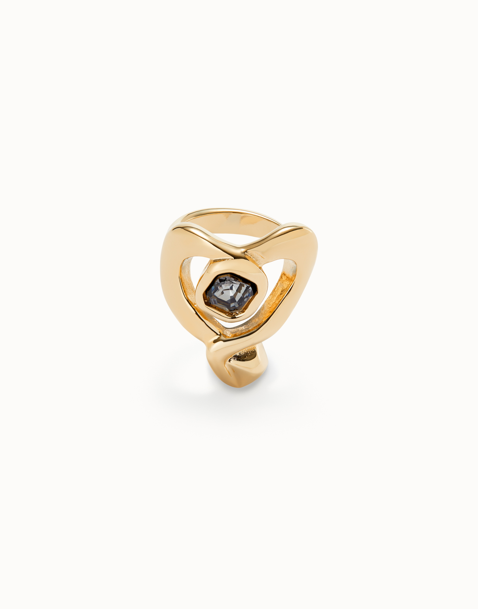 Ring with heart and central black crystal, Golden, large thumbnail