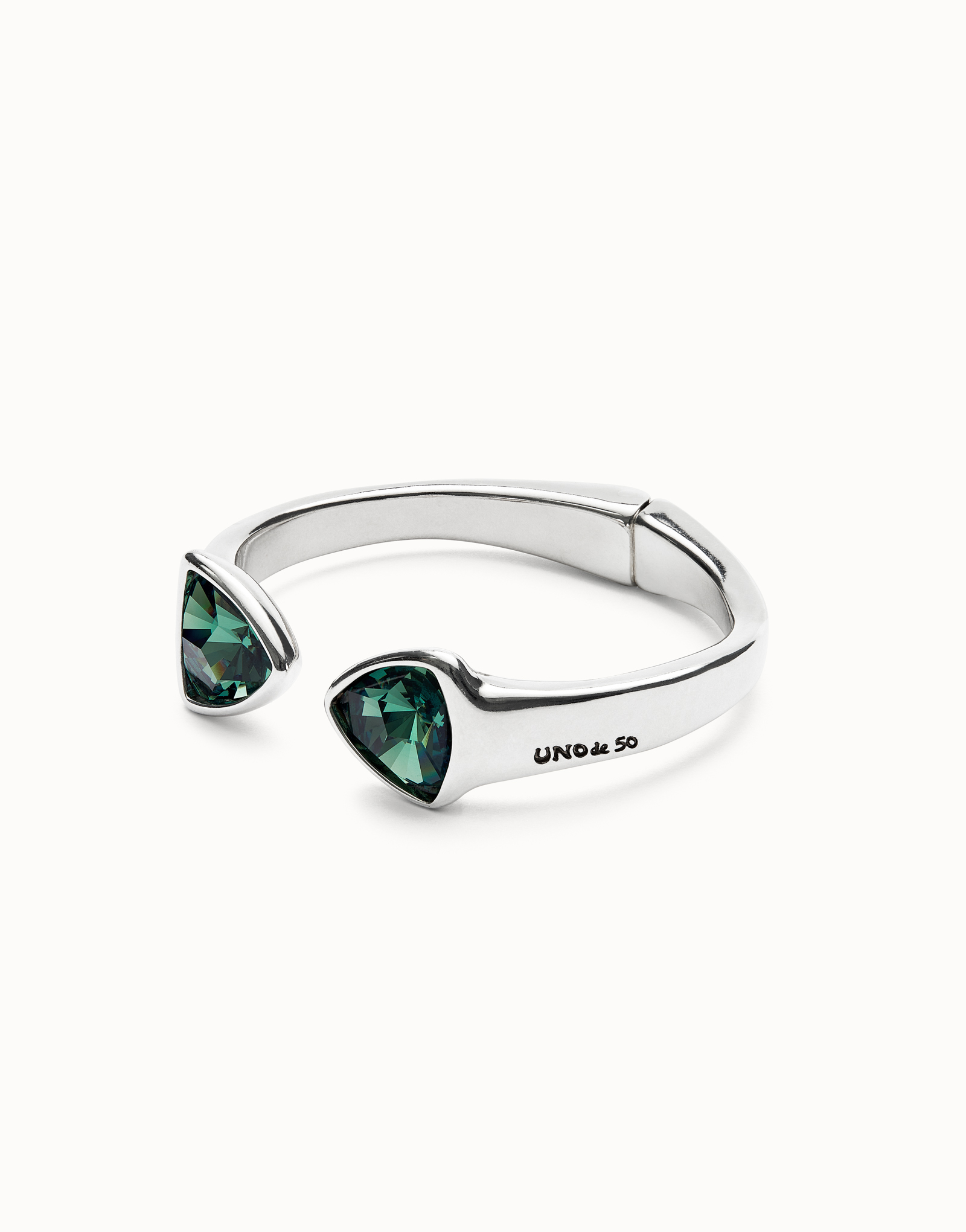 Bangle bracelet with two green crystals, Silver, large thumbnail