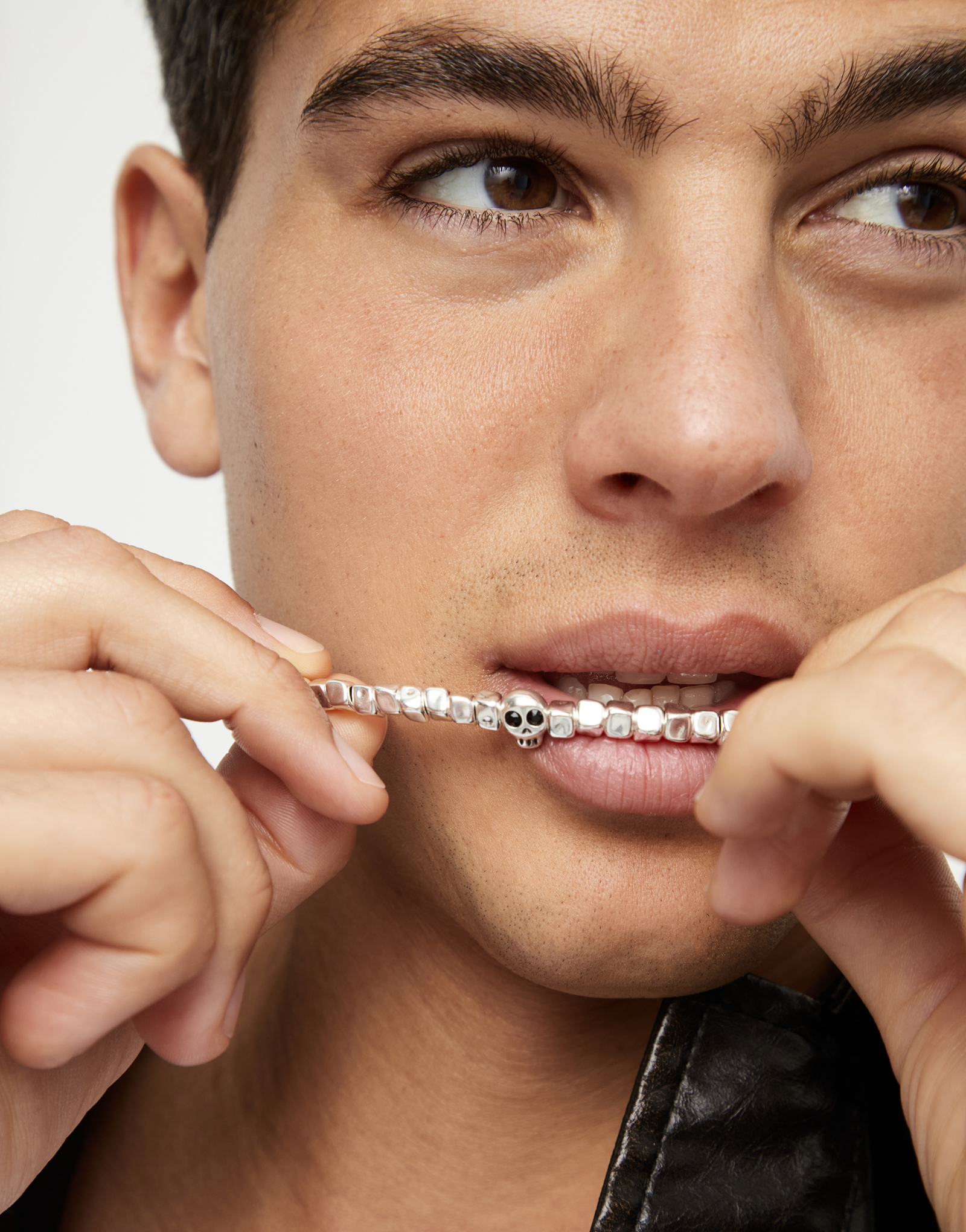 Leather necklace with beads and skull detail, Silver, large thumbnail