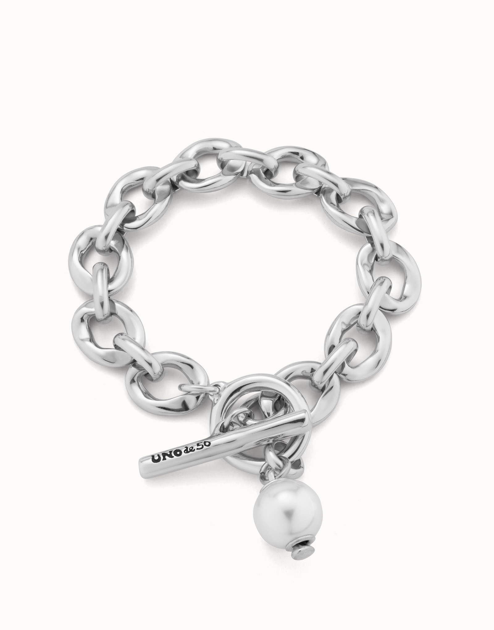 Large link chain bracelet with a pearl, Silver, large thumbnail