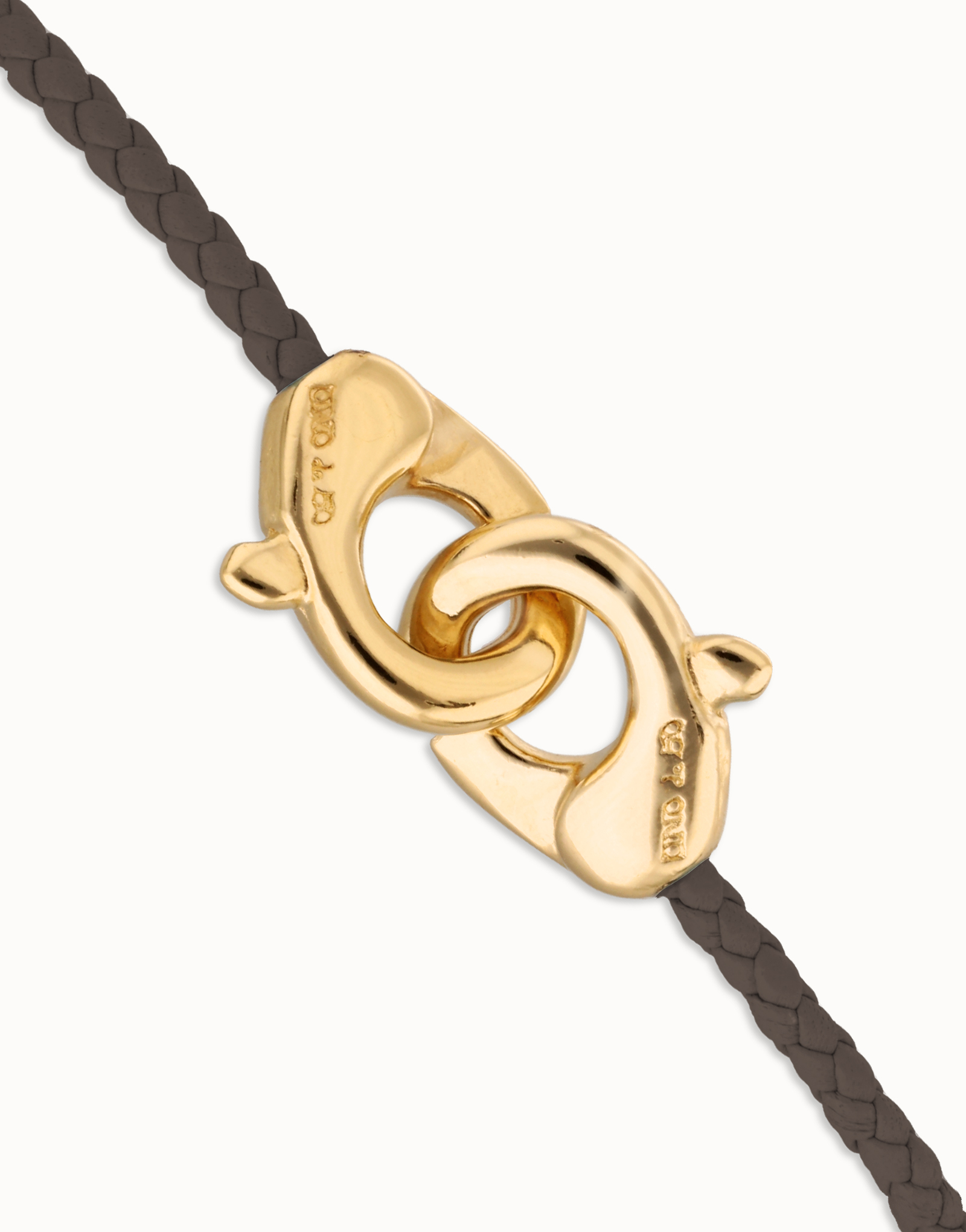 Brown leather bracelet with interlocking carabiner, Golden, large thumbnail