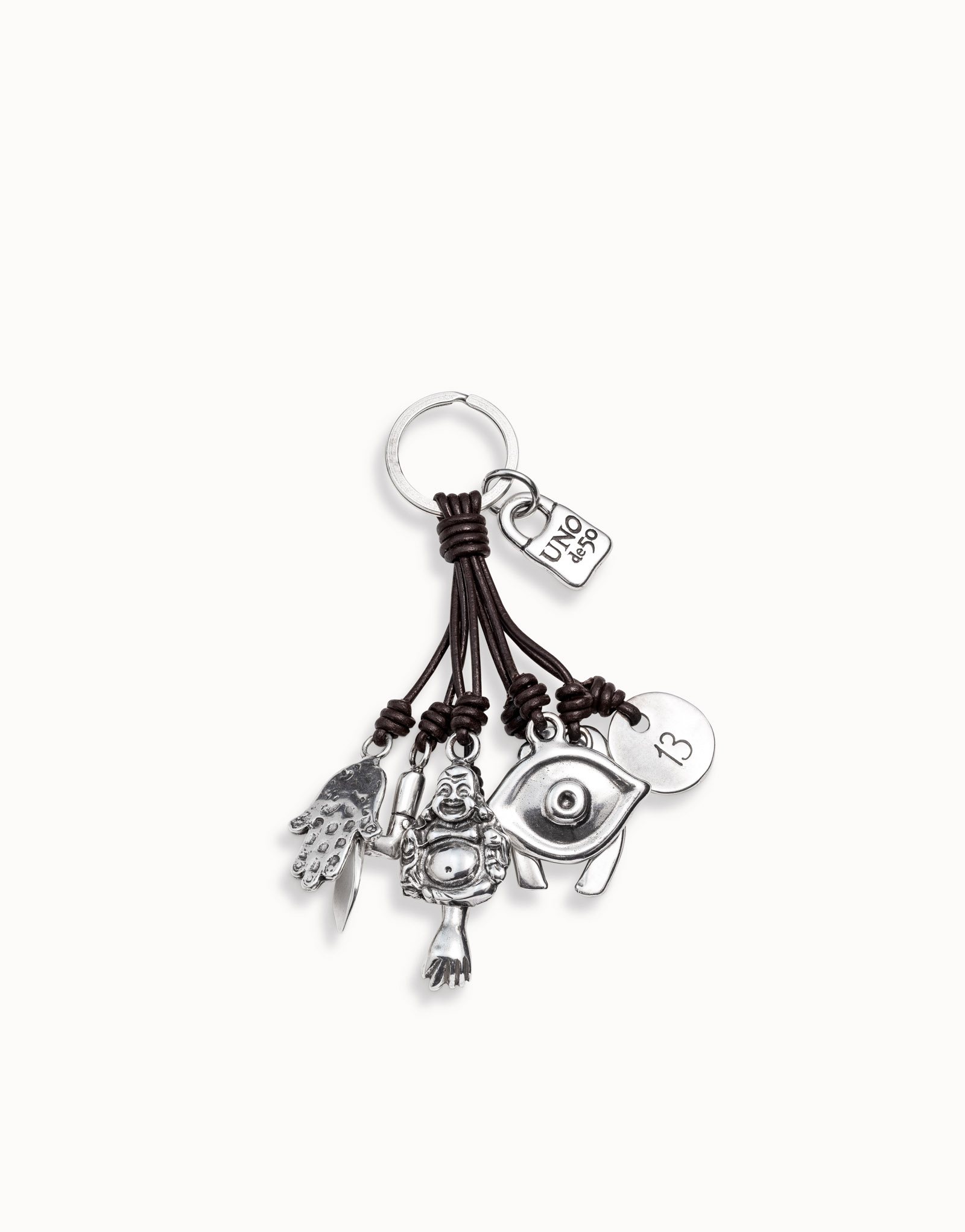 Leather key-ring and sterling silver-plated charms, Silver, large thumbnail