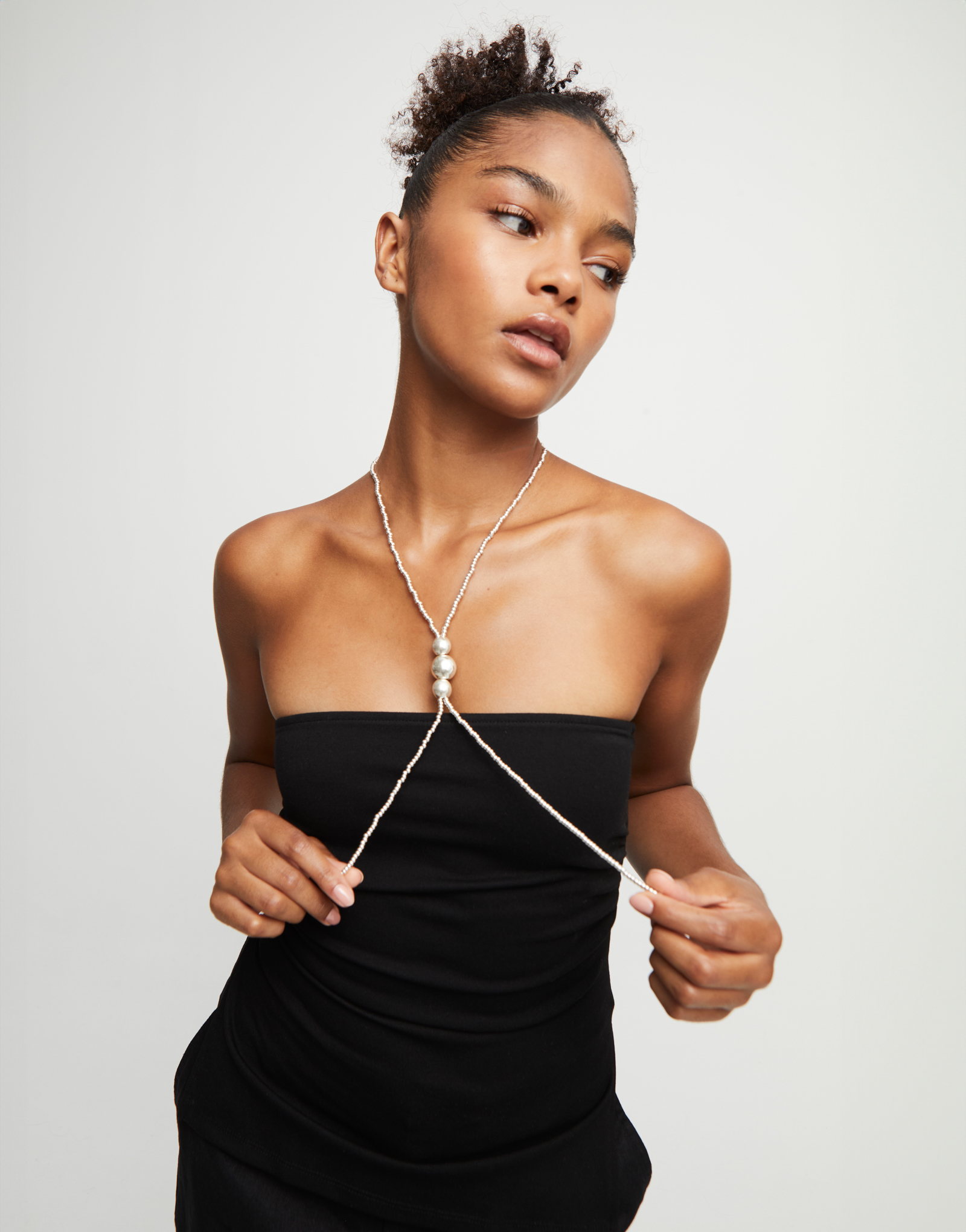 Long bead necklaces with three large central beads, Silver, large thumbnail