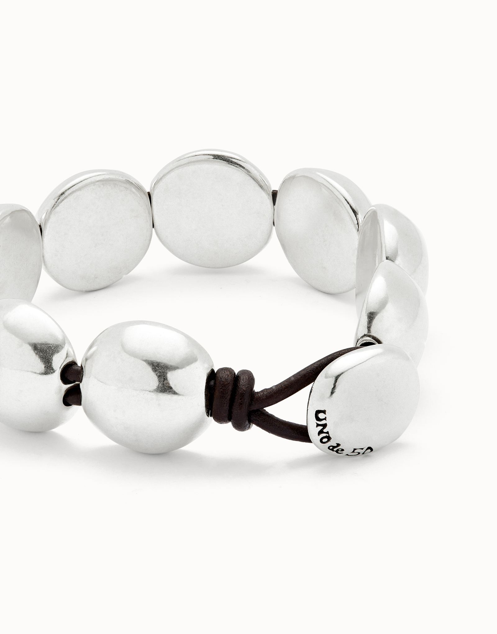 Leather bracelet with large round beads, Silver, large thumbnail