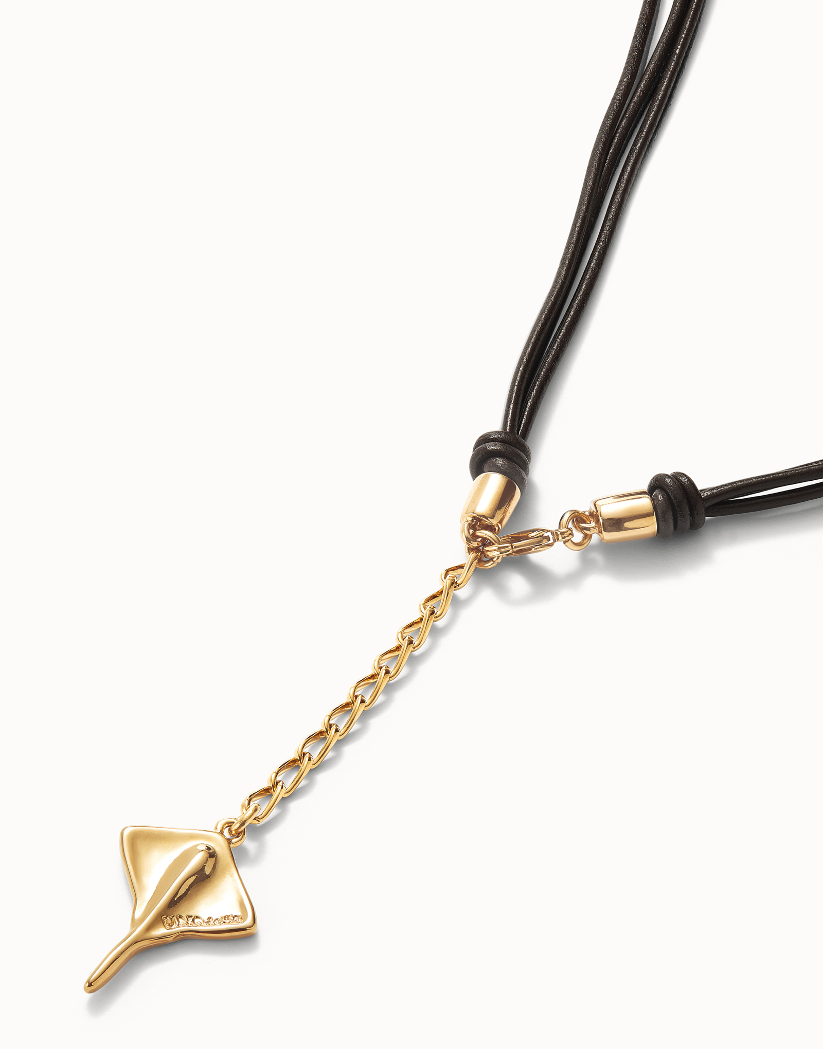 Long leather necklace pendant with manta ray, Golden, large thumbnail