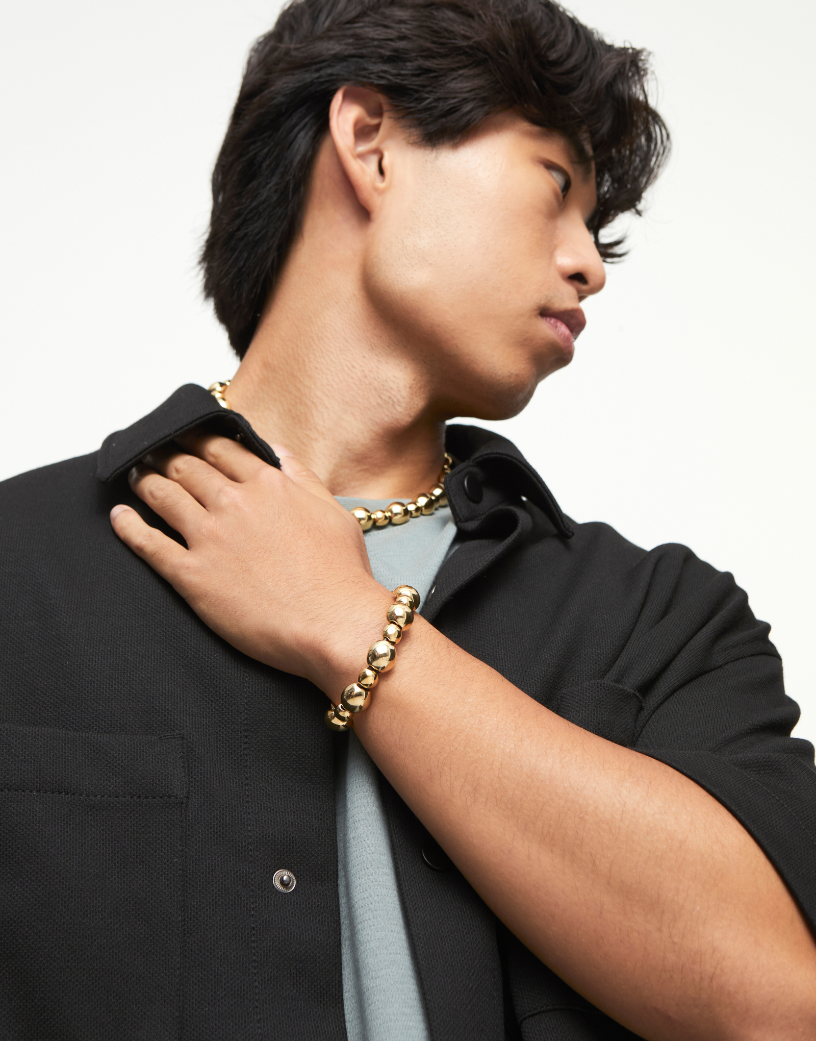 Leather bracelet with round beads, Golden, large thumbnail