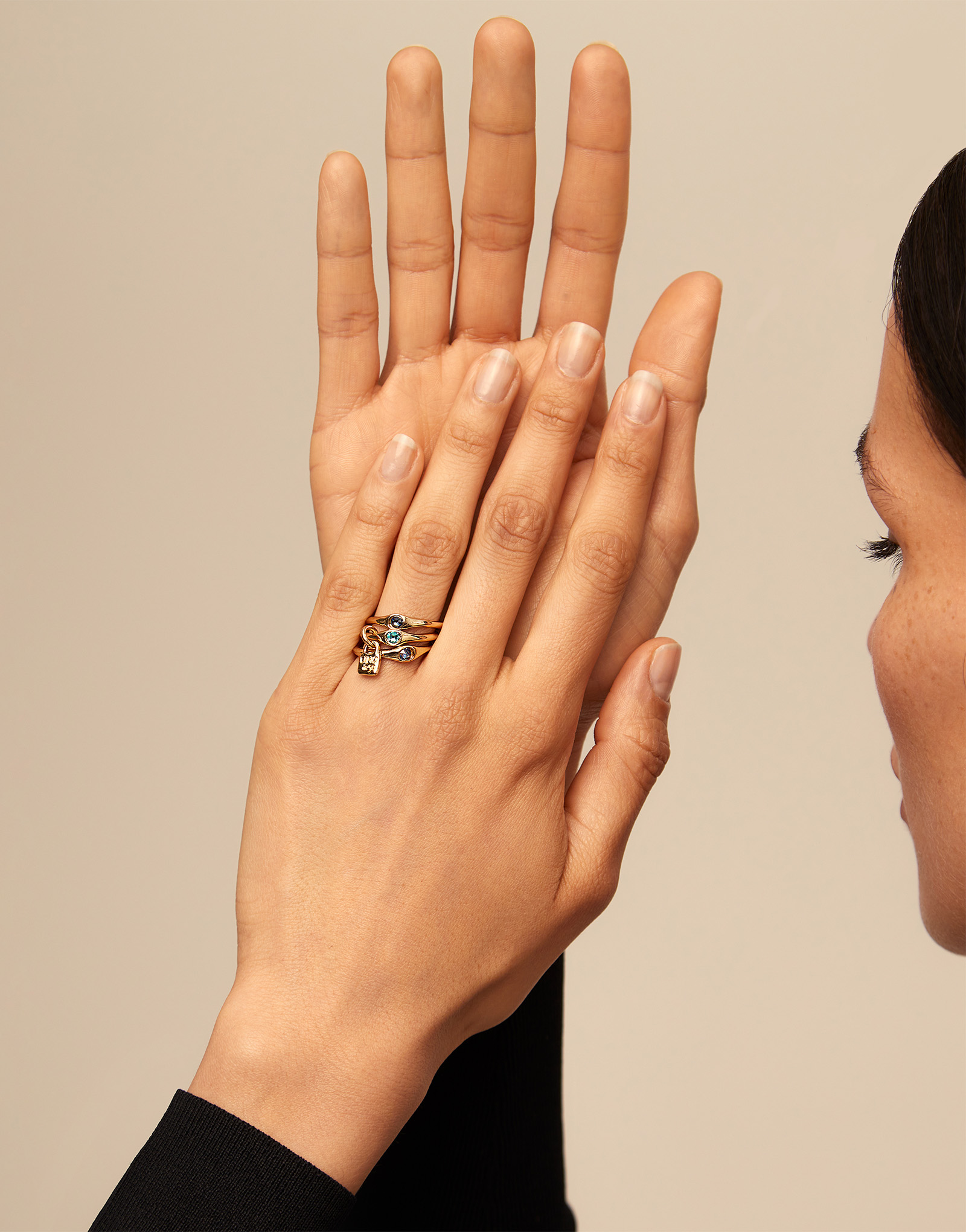 Triple ring with blue crystals, Golden, large thumbnail