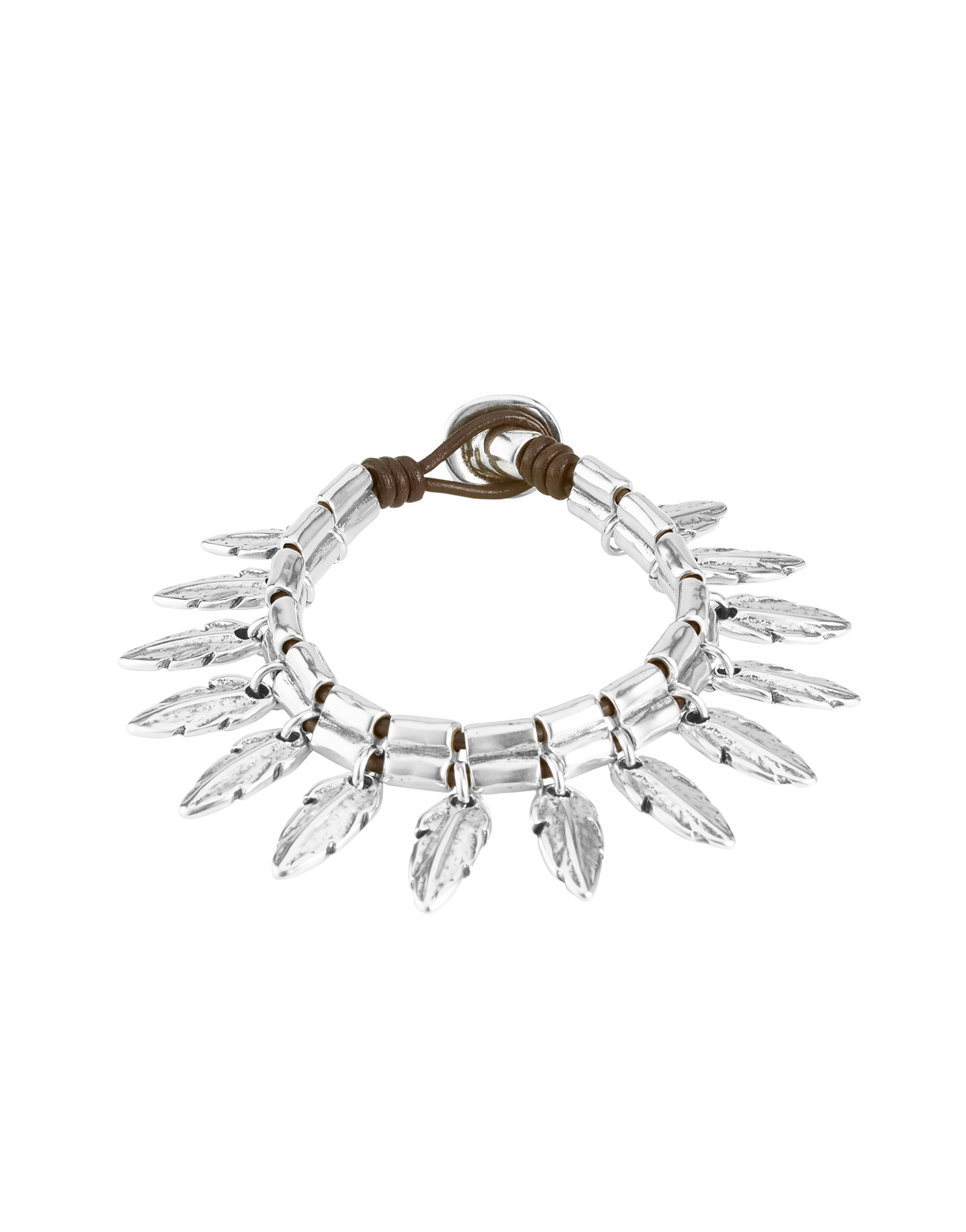 Leather bracelet with feathers, Silver, large thumbnail