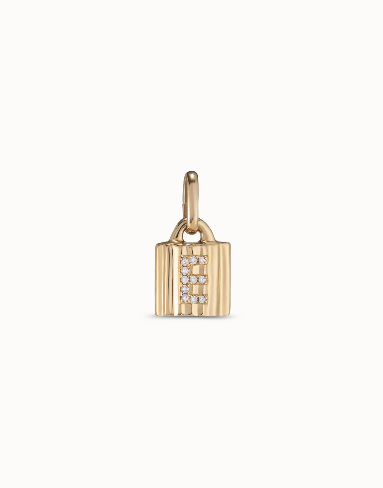 18K gold-plated padlock charm with topaz letter E, Golden, large thumbnail