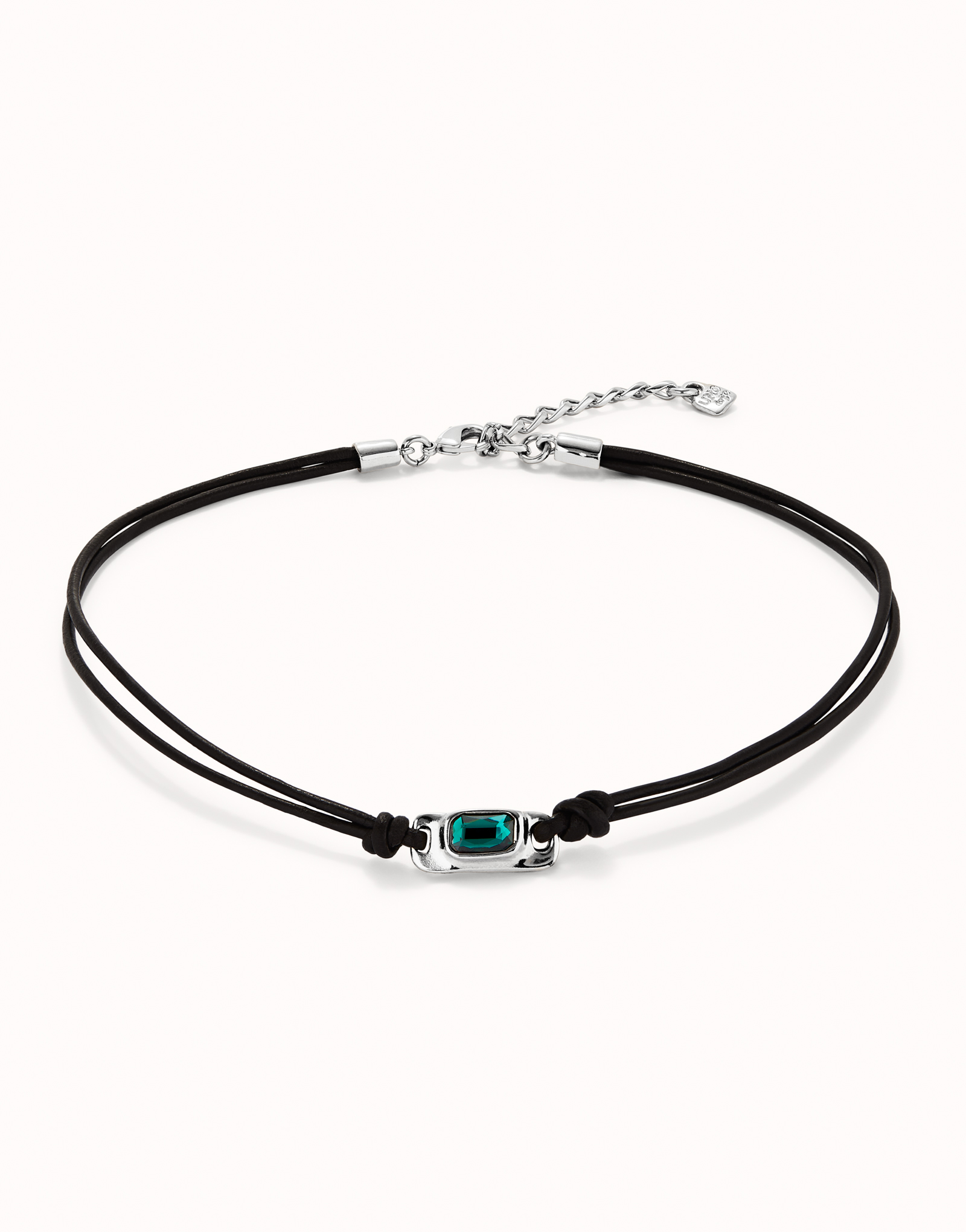 Collana in cuoio placcata argento sterling con cristallo verde, Argent, large thumbnail