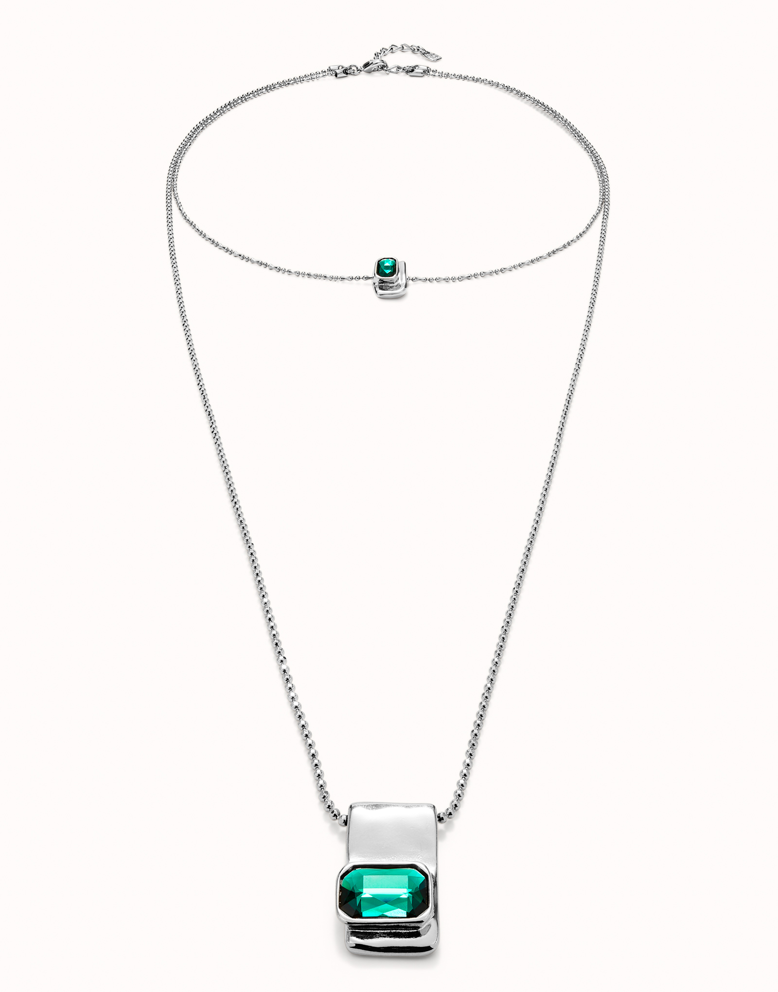 Multi strand chain necklace with green crystals, Silver, large thumbnail