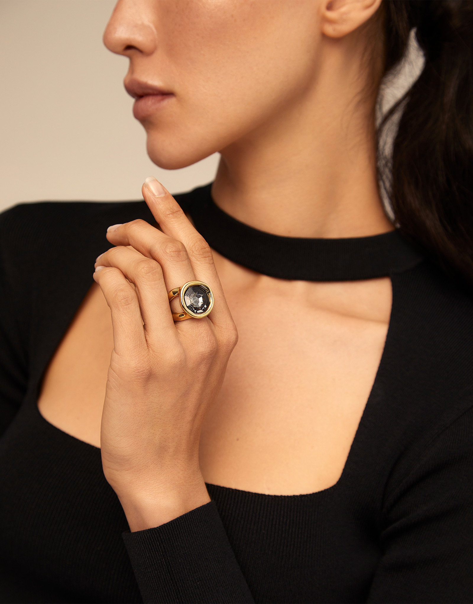 18K gold-plated ring with gray crystal, Golden, large thumbnail