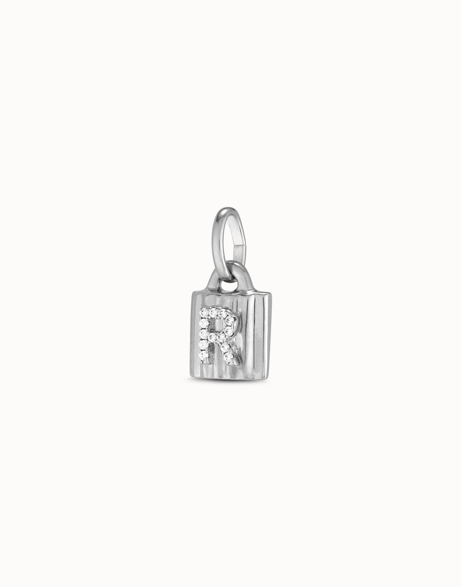 Sterling silver-plated padlock charm with topaz letter R, Silver, large thumbnail