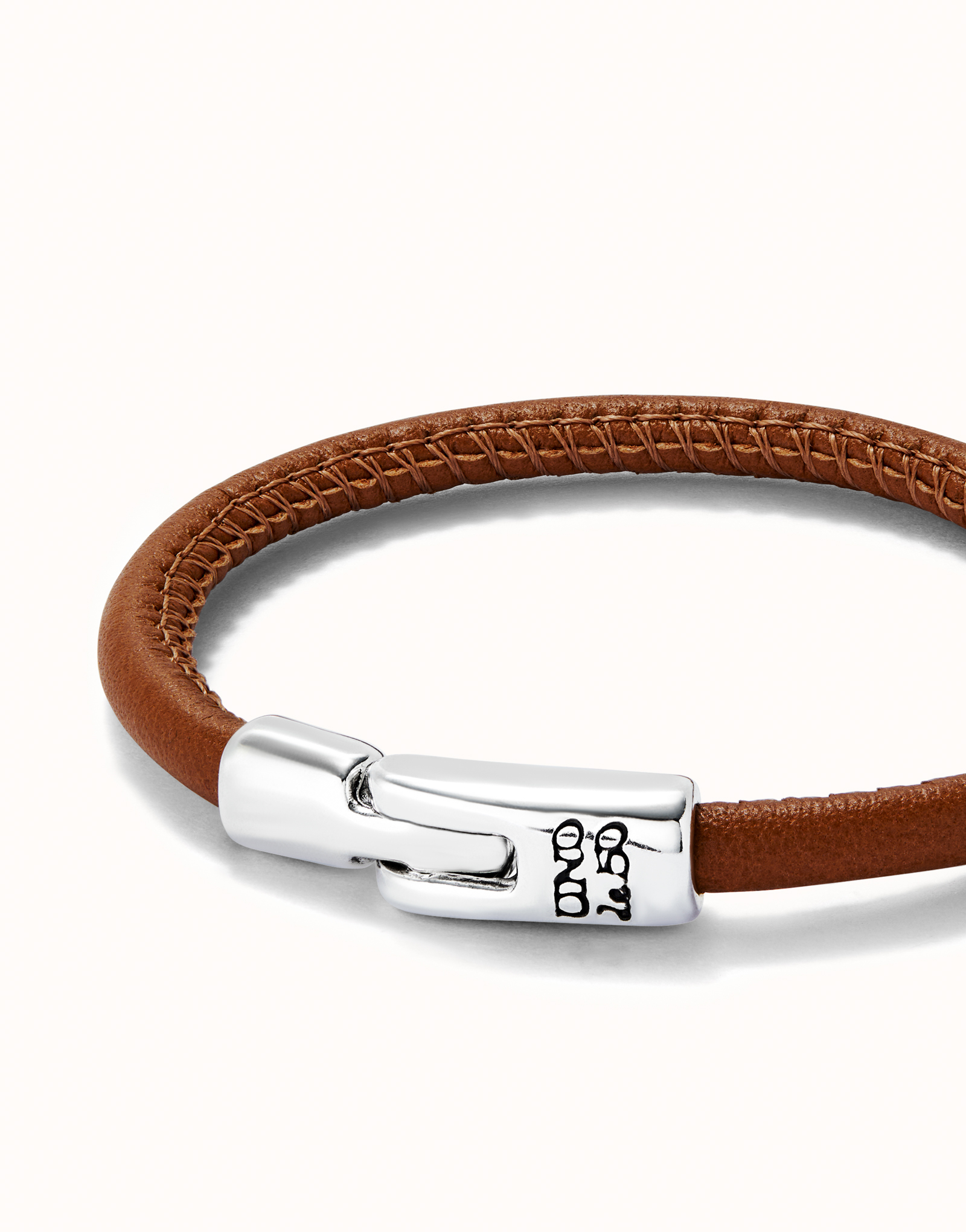 Pulsera de cuero color camel bañada en plata de ley, Plateado, large thumbnail