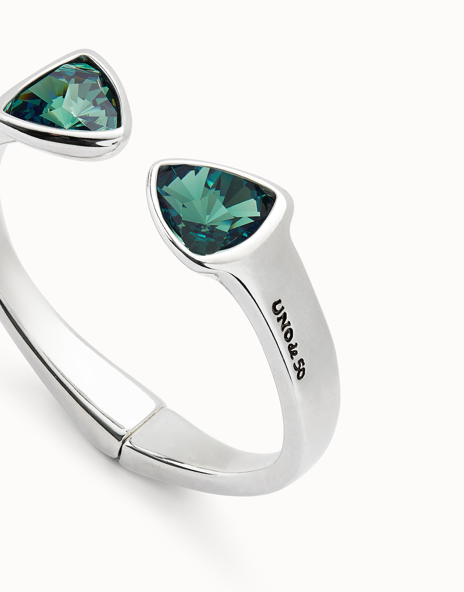 Bangle bracelet with two green crystals, Silver, large thumbnail