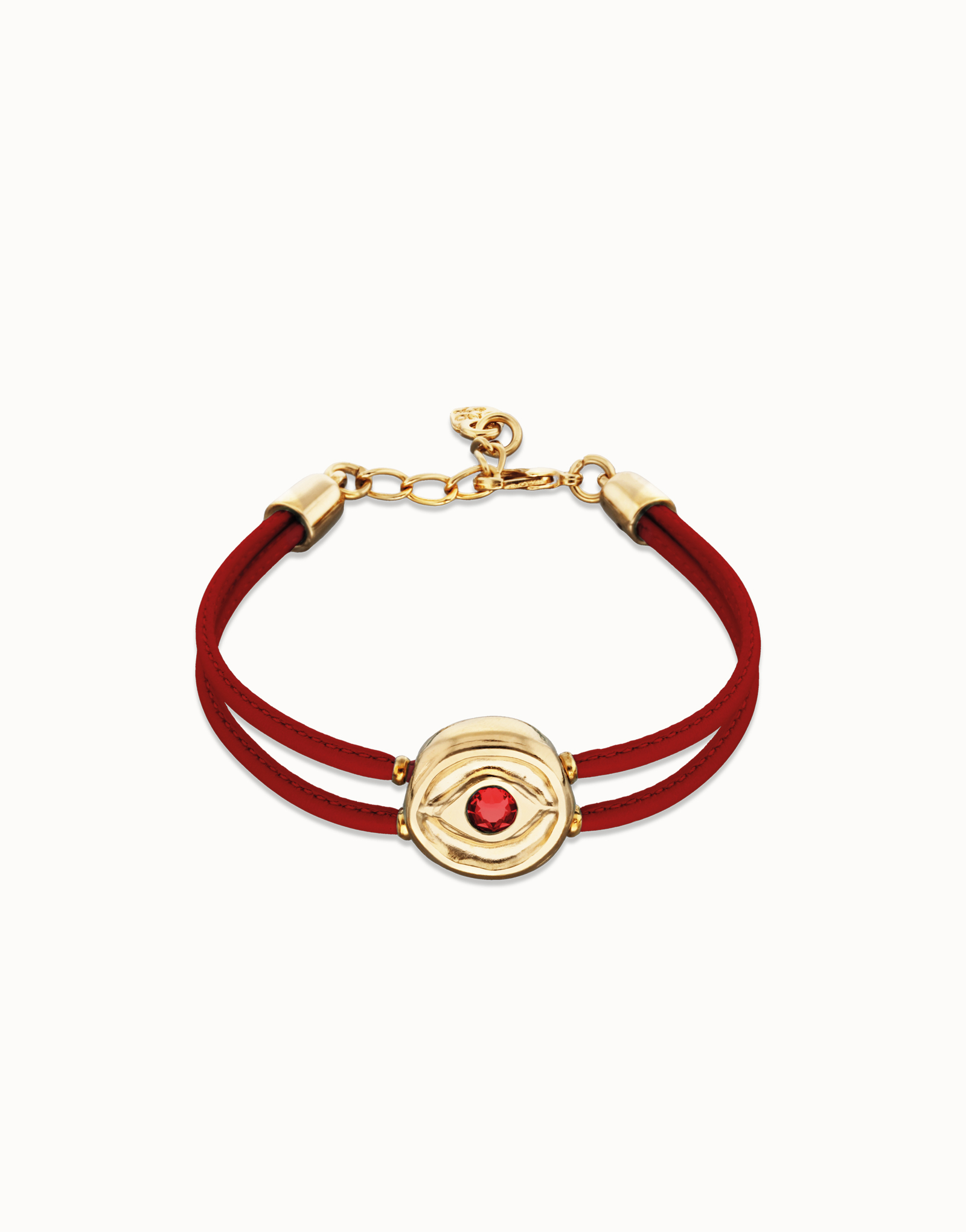 Double red leather birthstone bracelet with eye, Golden, large thumbnail
