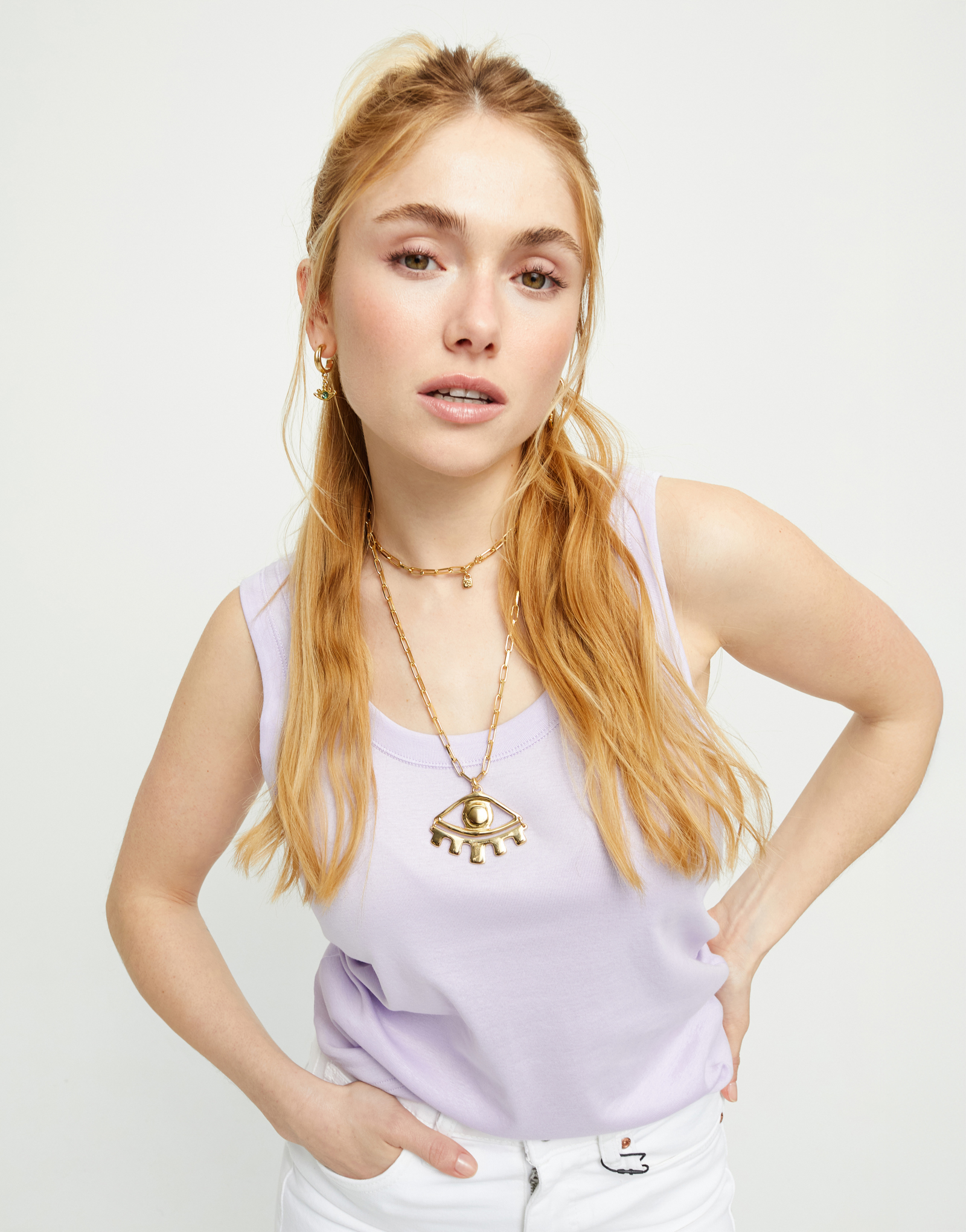 Long pendant chain necklace with central eye, Golden, large thumbnail