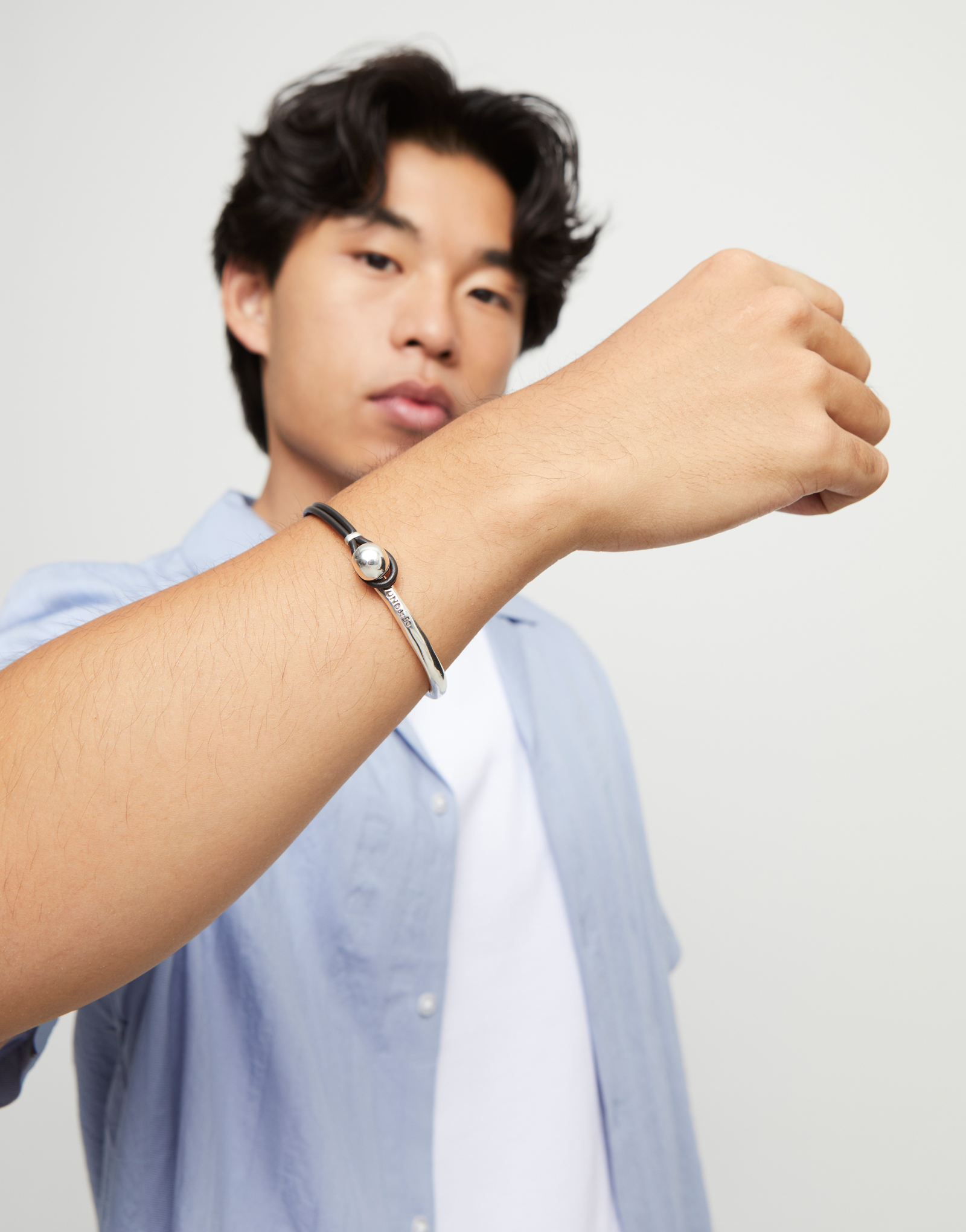 Bangle bracelet with brown leather, Silver, large thumbnail