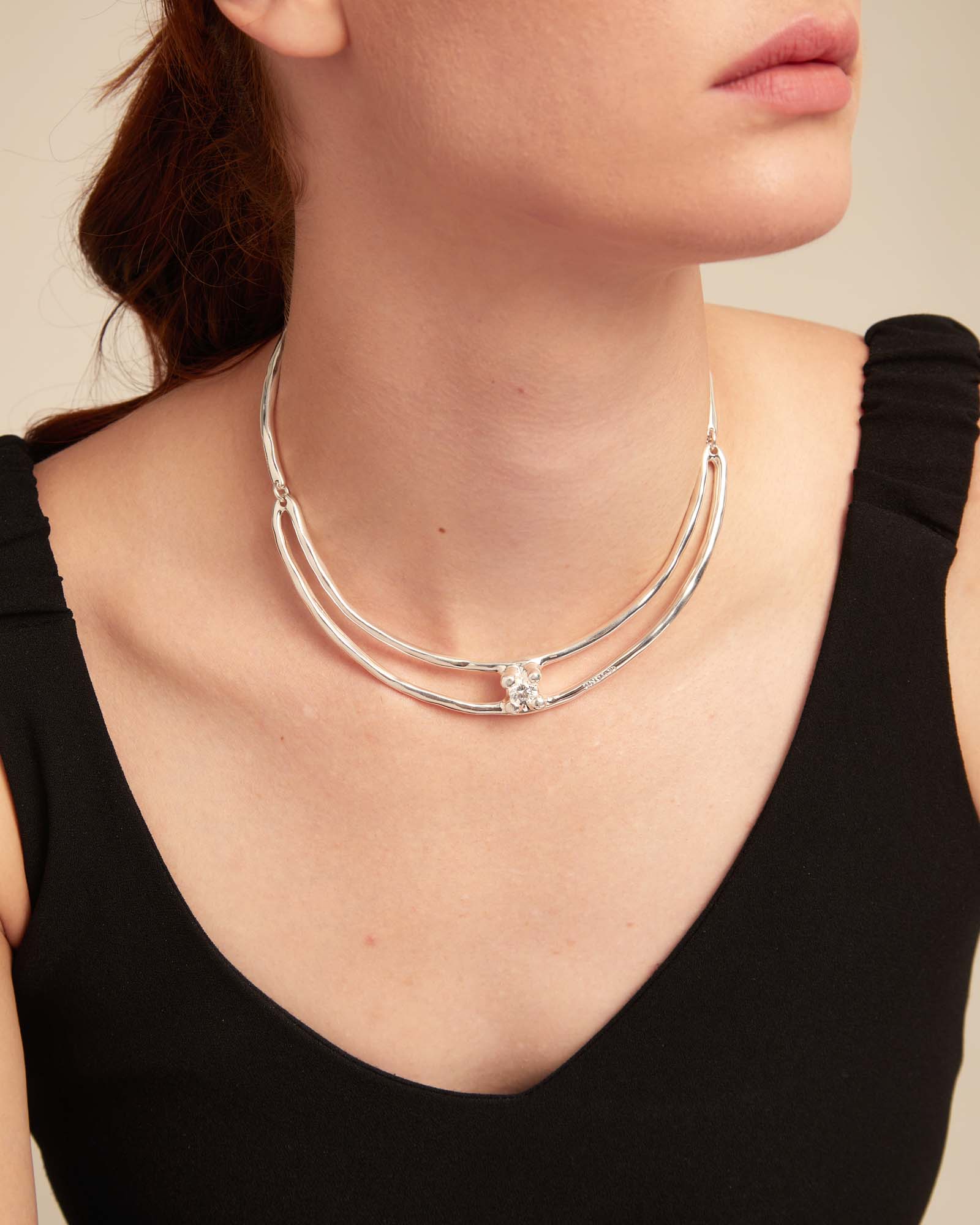Choker necklace with white cubic zirconia, Silver, large thumbnail