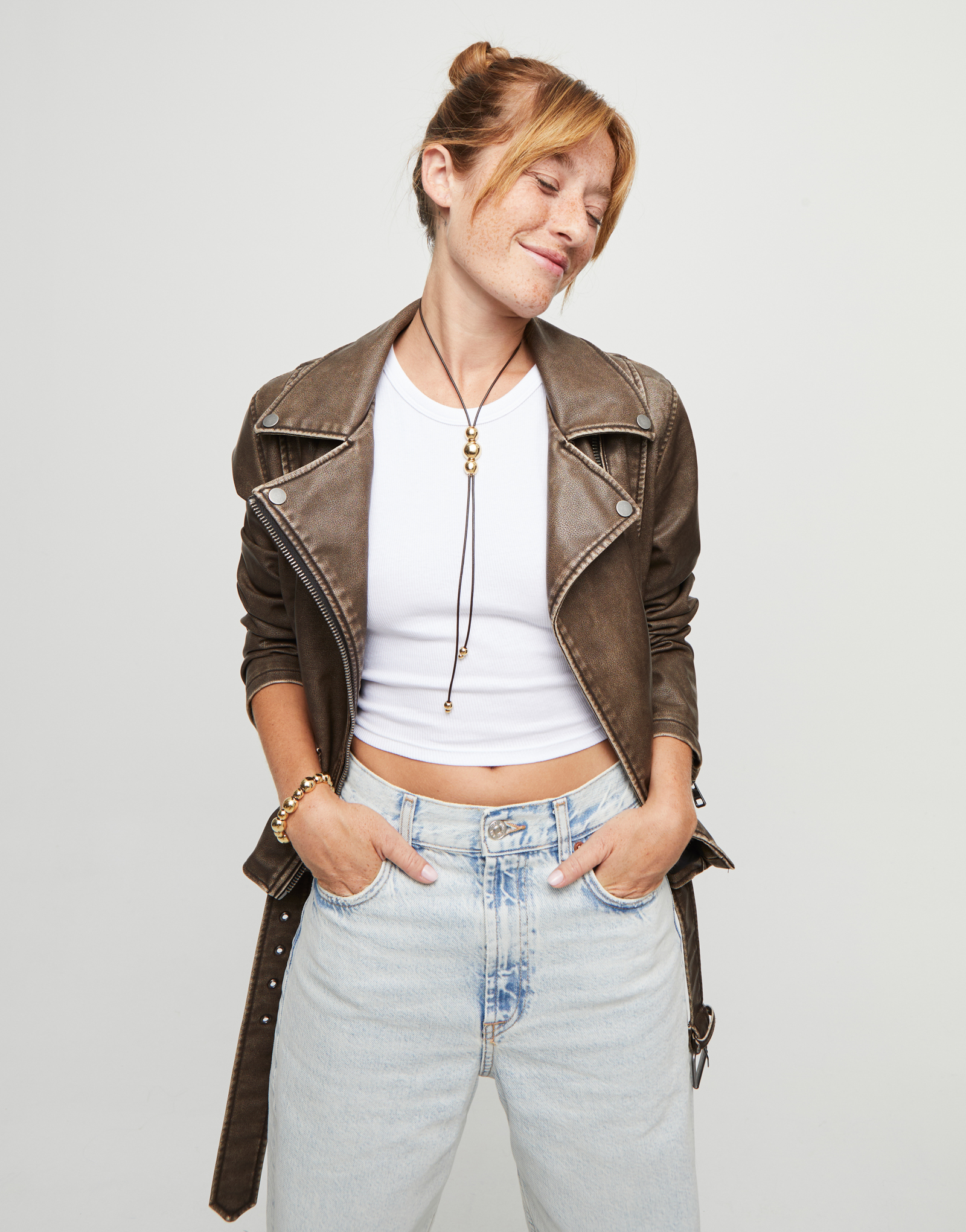 Long leather necklace with three central beads, Golden, large thumbnail