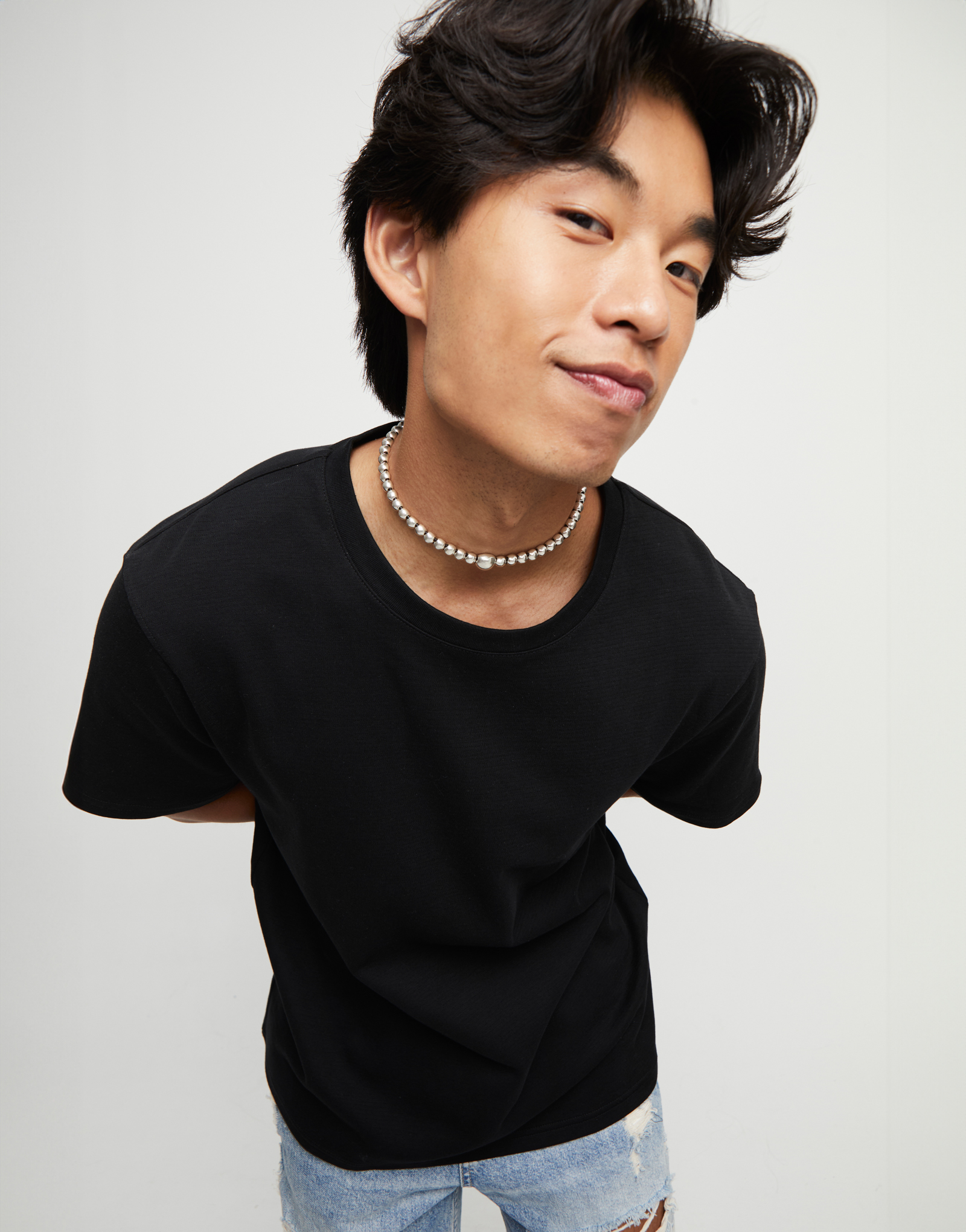 Beaded short necklace with larger central bead, Silver, large thumbnail