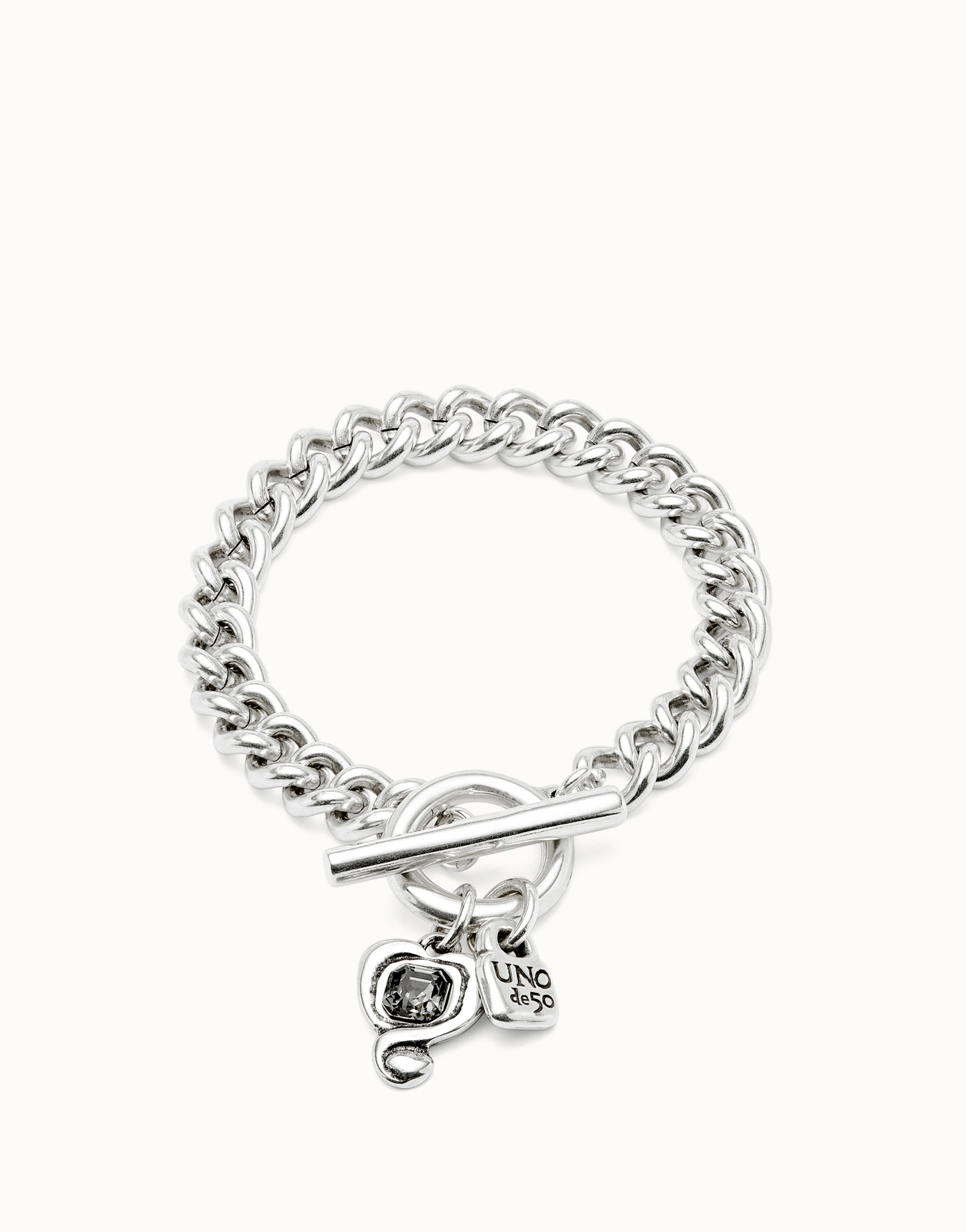 Curb link chain bracelet with charms, Silver, large thumbnail