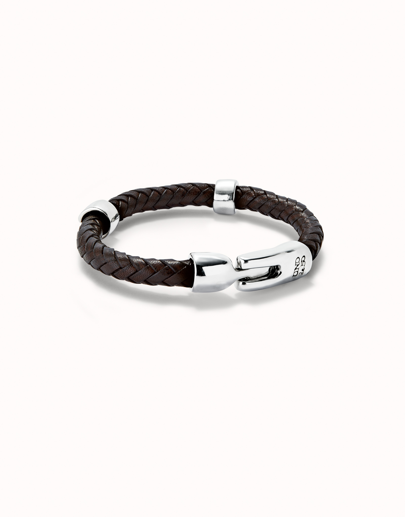 Braided leather bracelet with 2 sterling silver-plated circles, Silver, large thumbnail