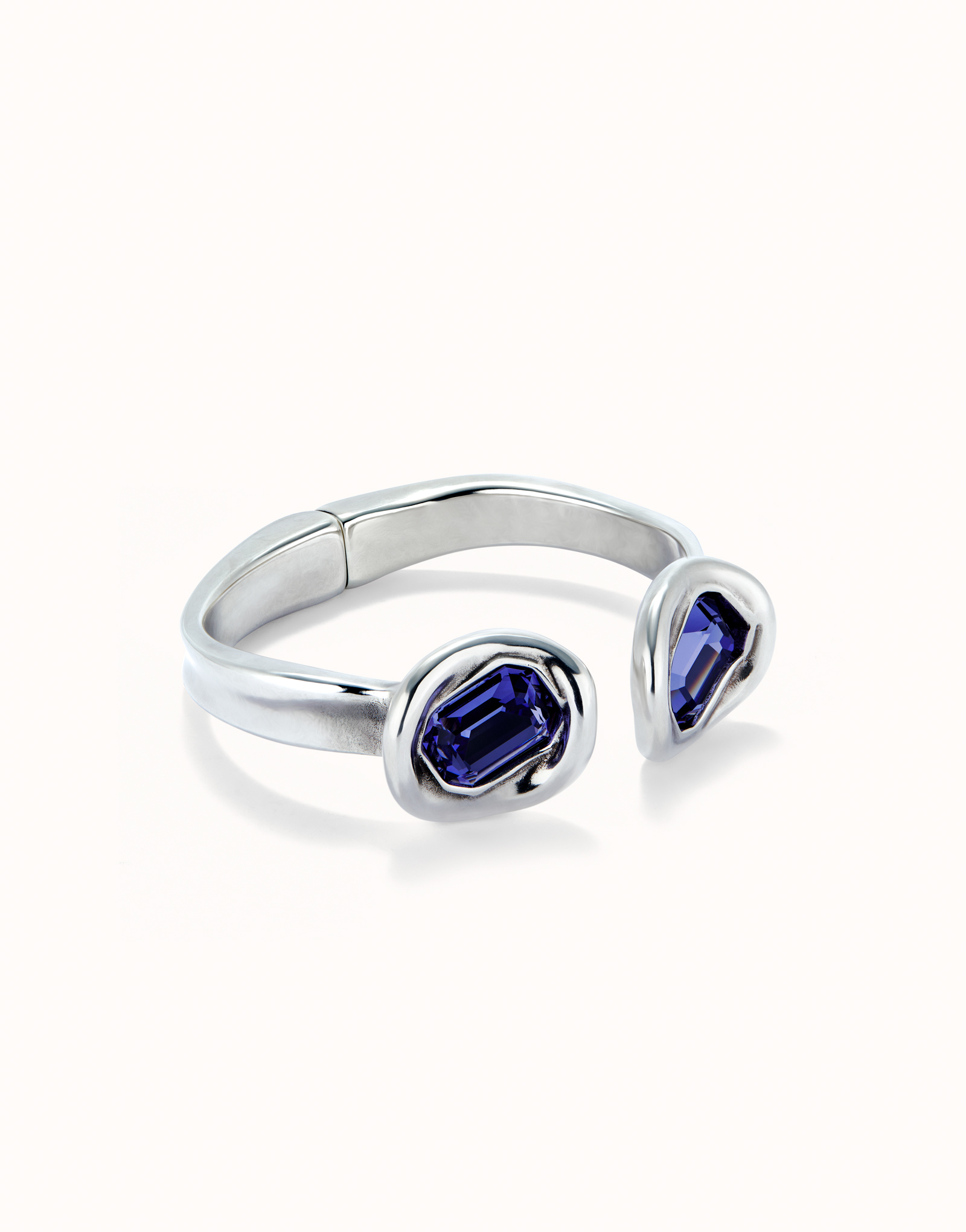 Bangle bracelet with two purple crystals, Silver, large thumbnail