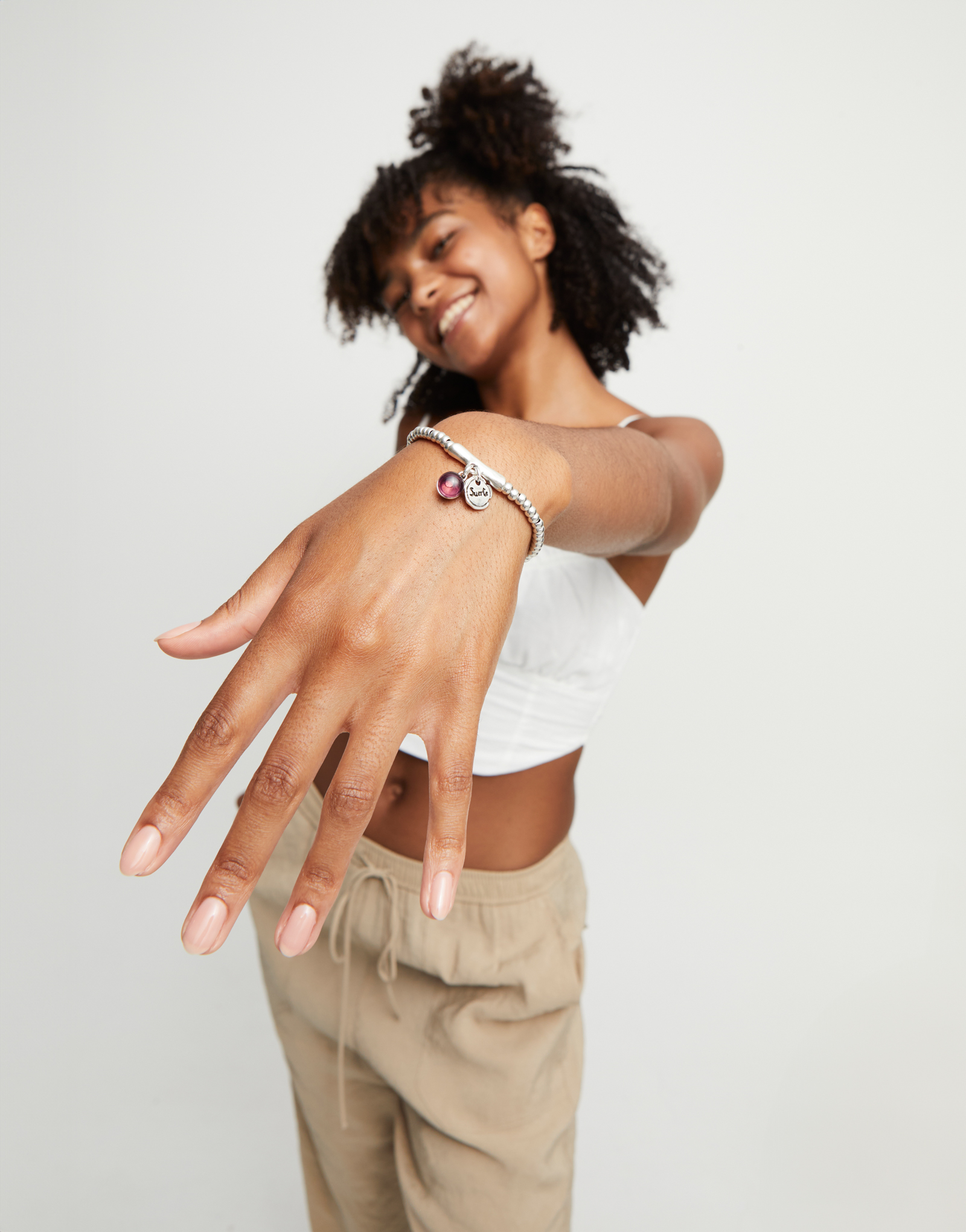 Beaded stretch bracelet with a murano glass and the word lucky, Silver, large thumbnail