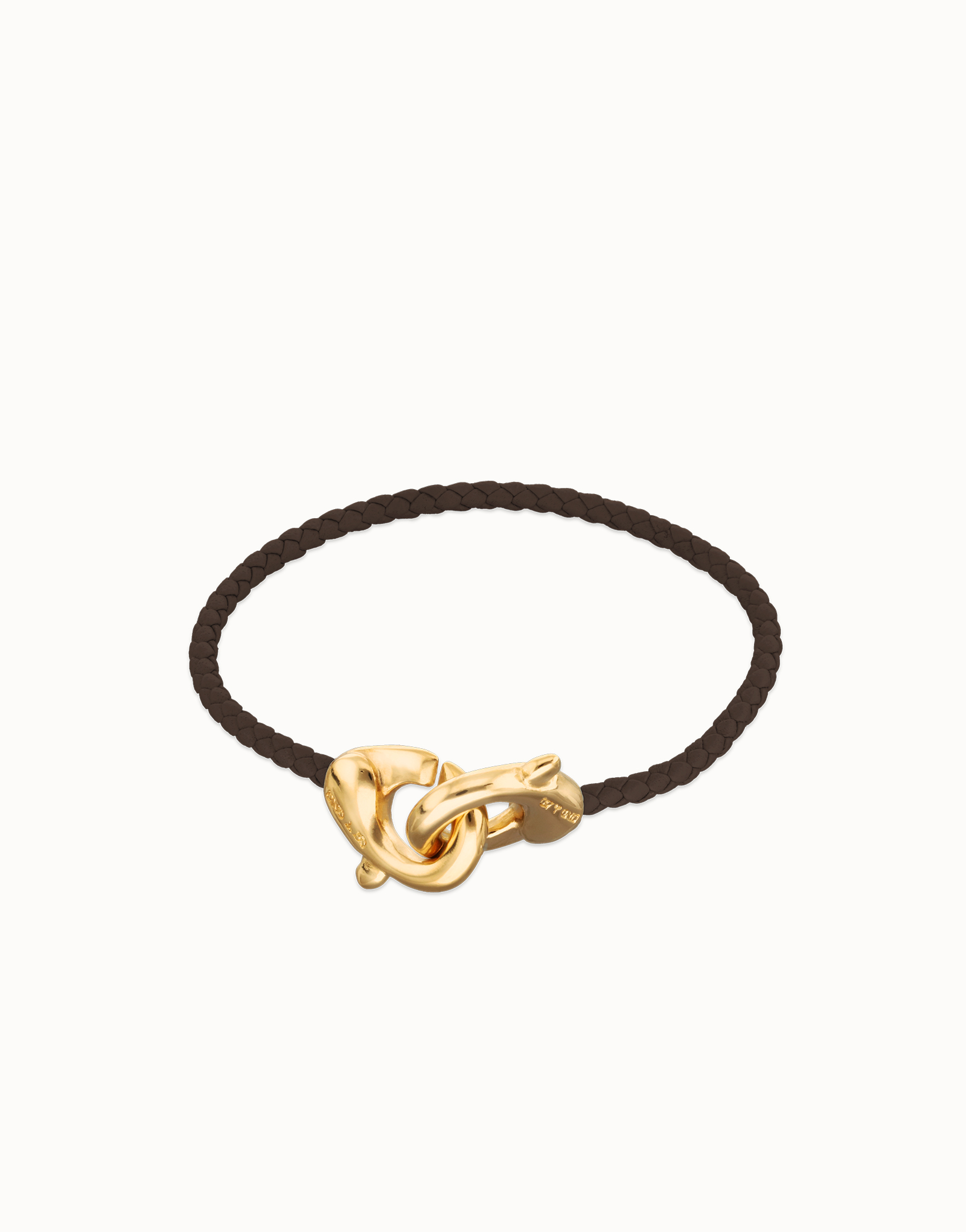 Brown leather bracelet with interlocking carabiner, Golden, large thumbnail