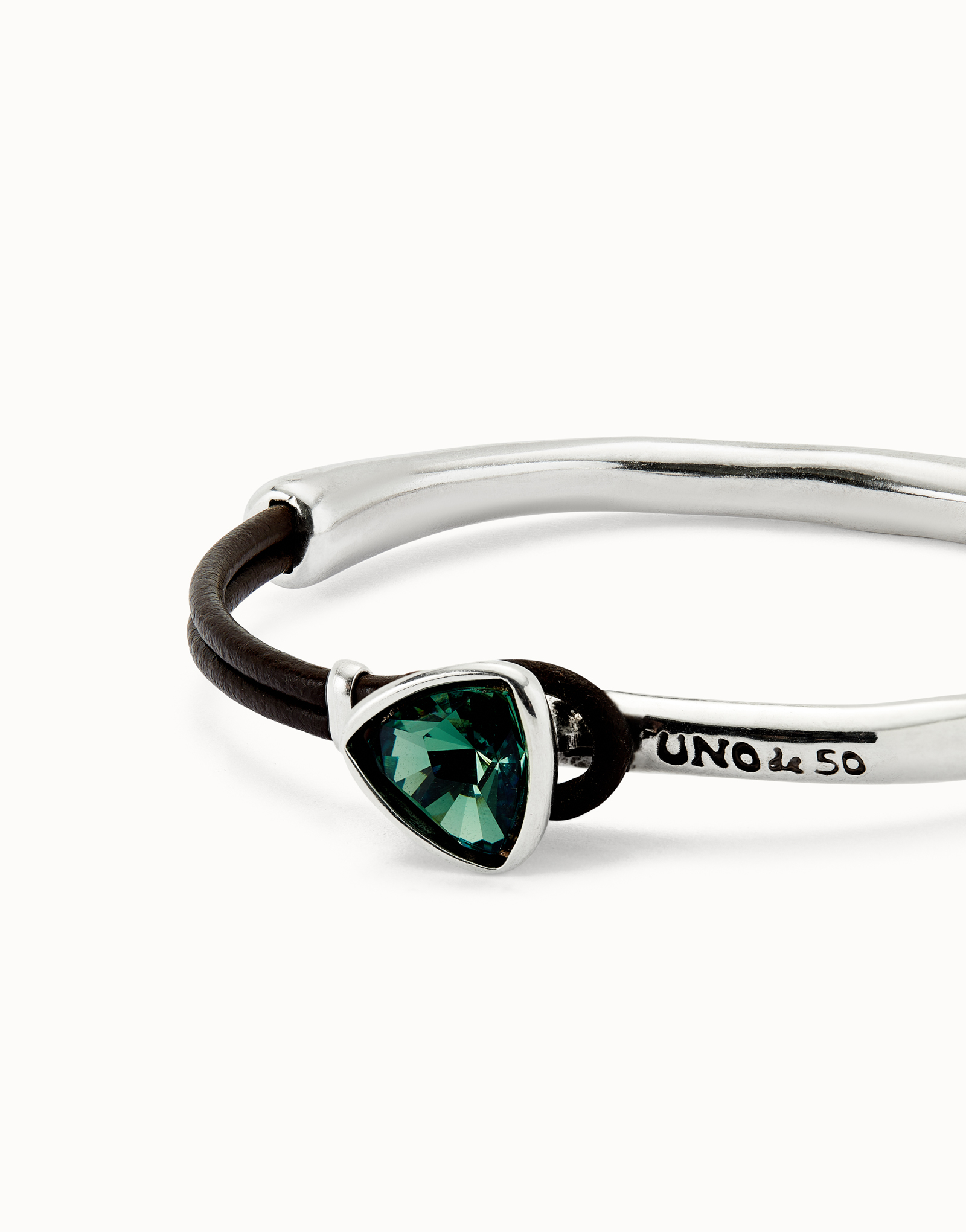 Bangle bracelet with leather and green crystal, Silver, large thumbnail