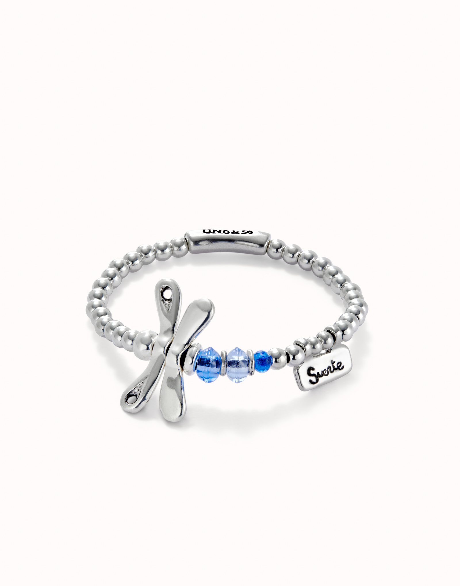 Elastic bracelet with sterling silver plated dragonfly with blue crystals, Silver, large thumbnail