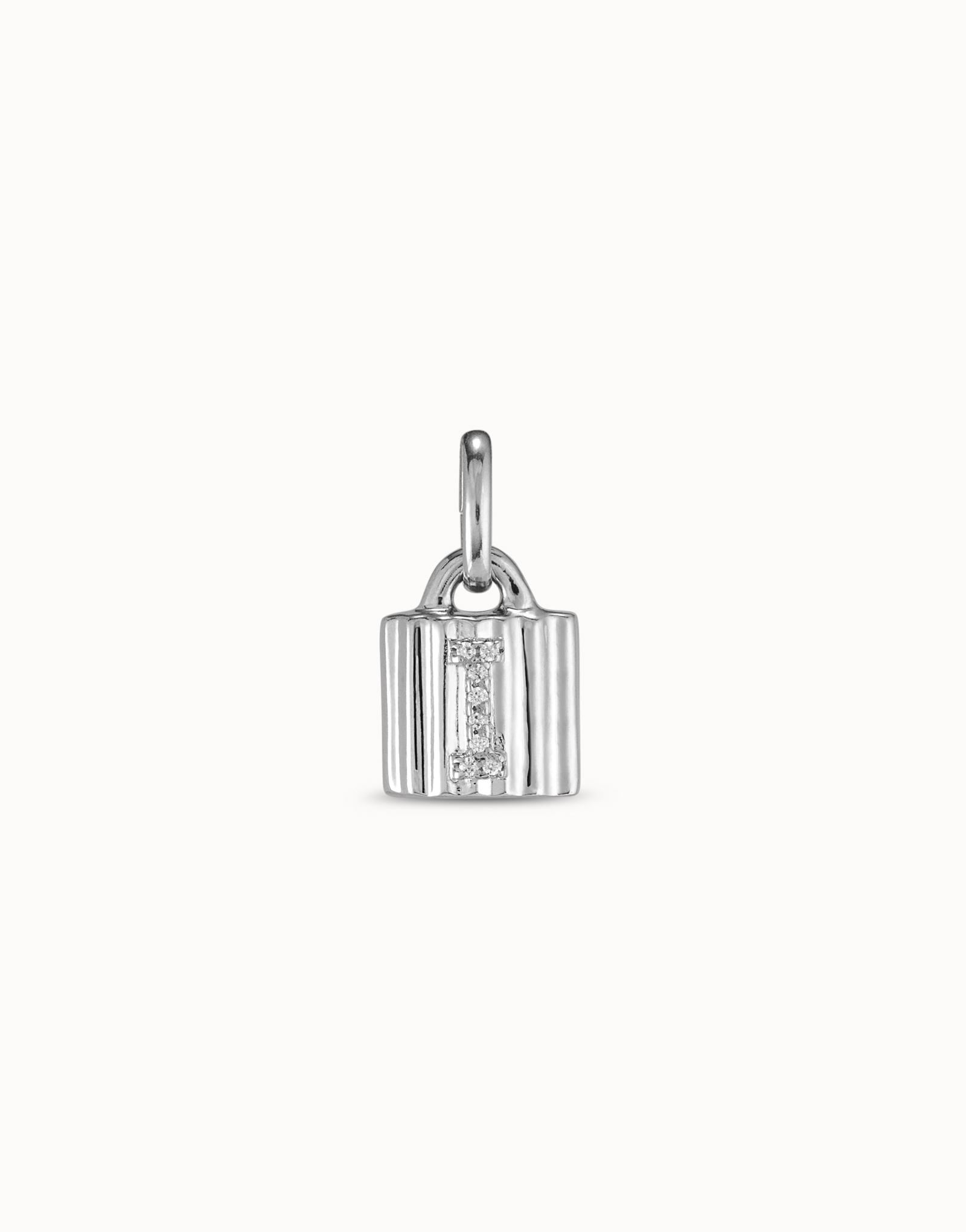 Sterling silver-plated padlock charm with topaz letter I, Silver, large thumbnail