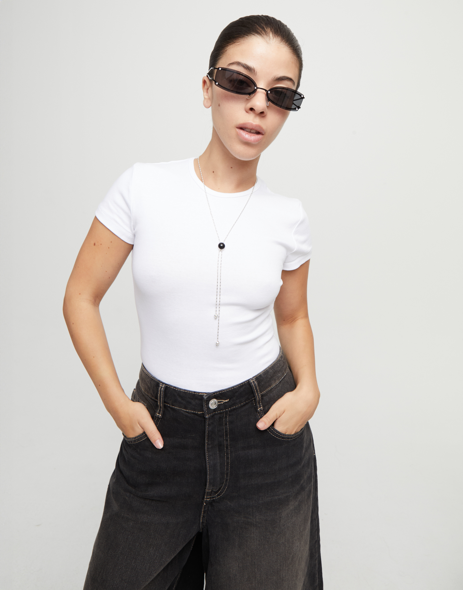 Collier long plaqué argent avec une chaîne ajustable et un cristal en verre de Murano, Argent, large thumbnail